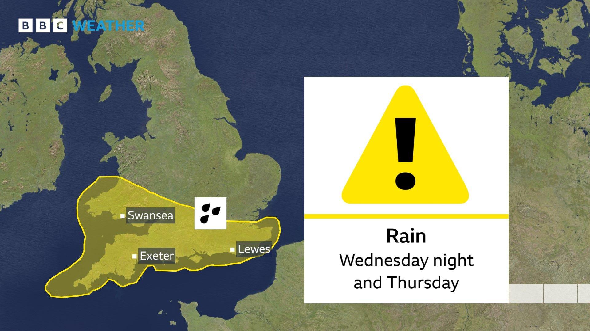 Map of southern half of UK with Met Office yellow warning area covering southern England and south Wales plus yellow warning triangle