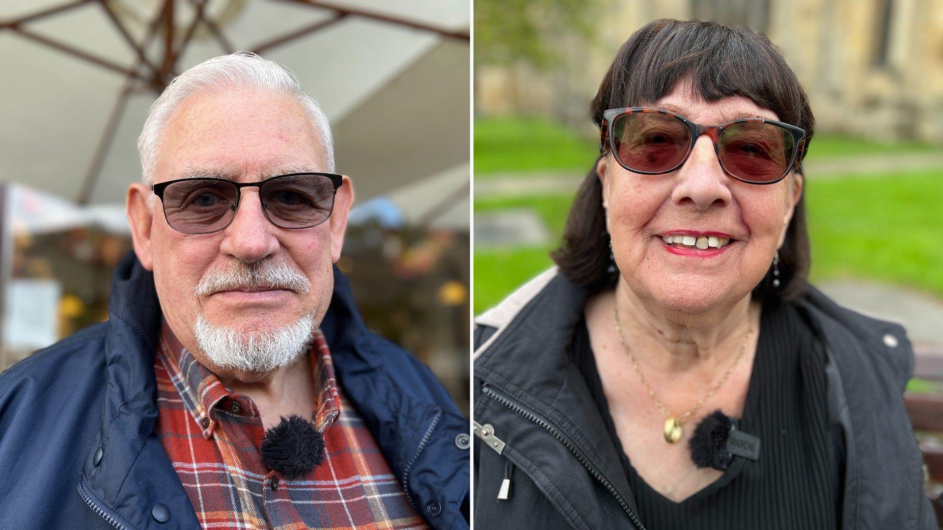 A bespectacled David Dennis with grey hair and beard wearing a tartan shirt and blue jacket, with a second image of Doreen Skipper who has dark hair and is wearing dark glasses and a black coat