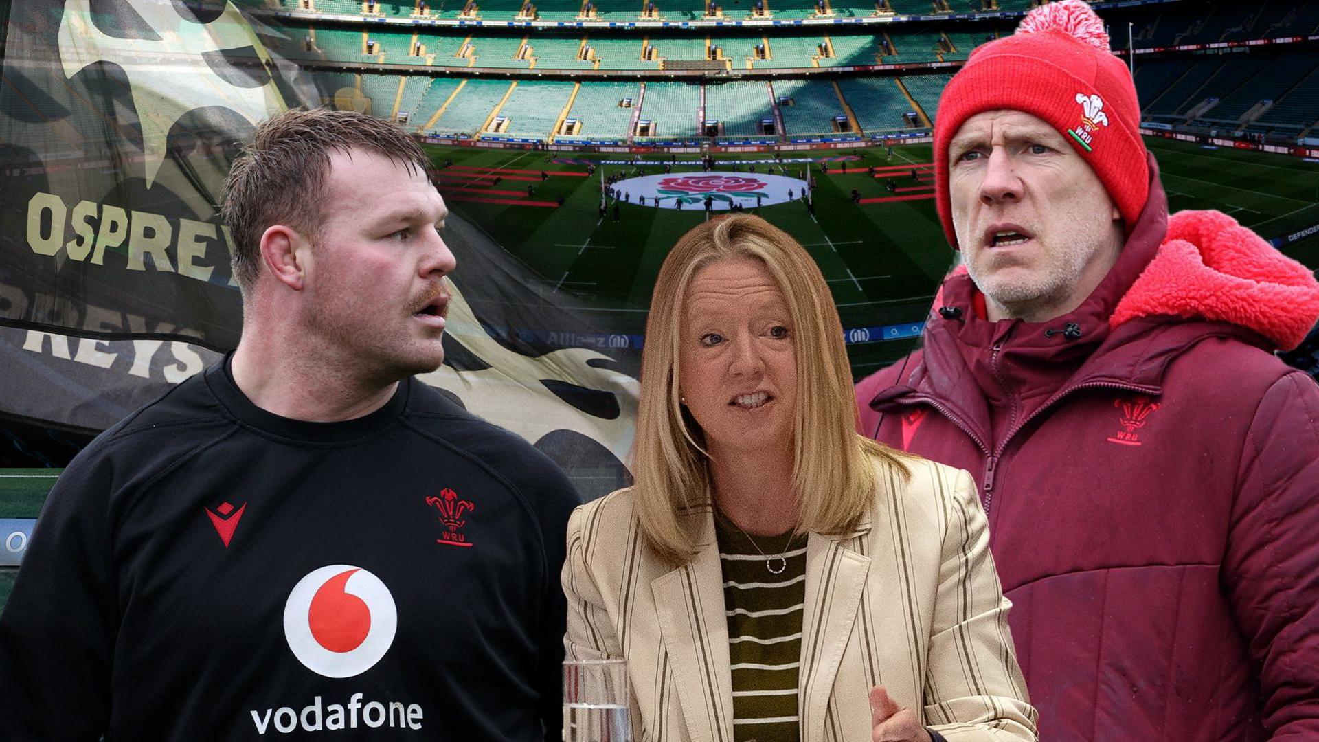 Wales captain Dewi Lake, Welsh Rugby Union chief executive Abi Tierney and Wales head coach Steve Tandy