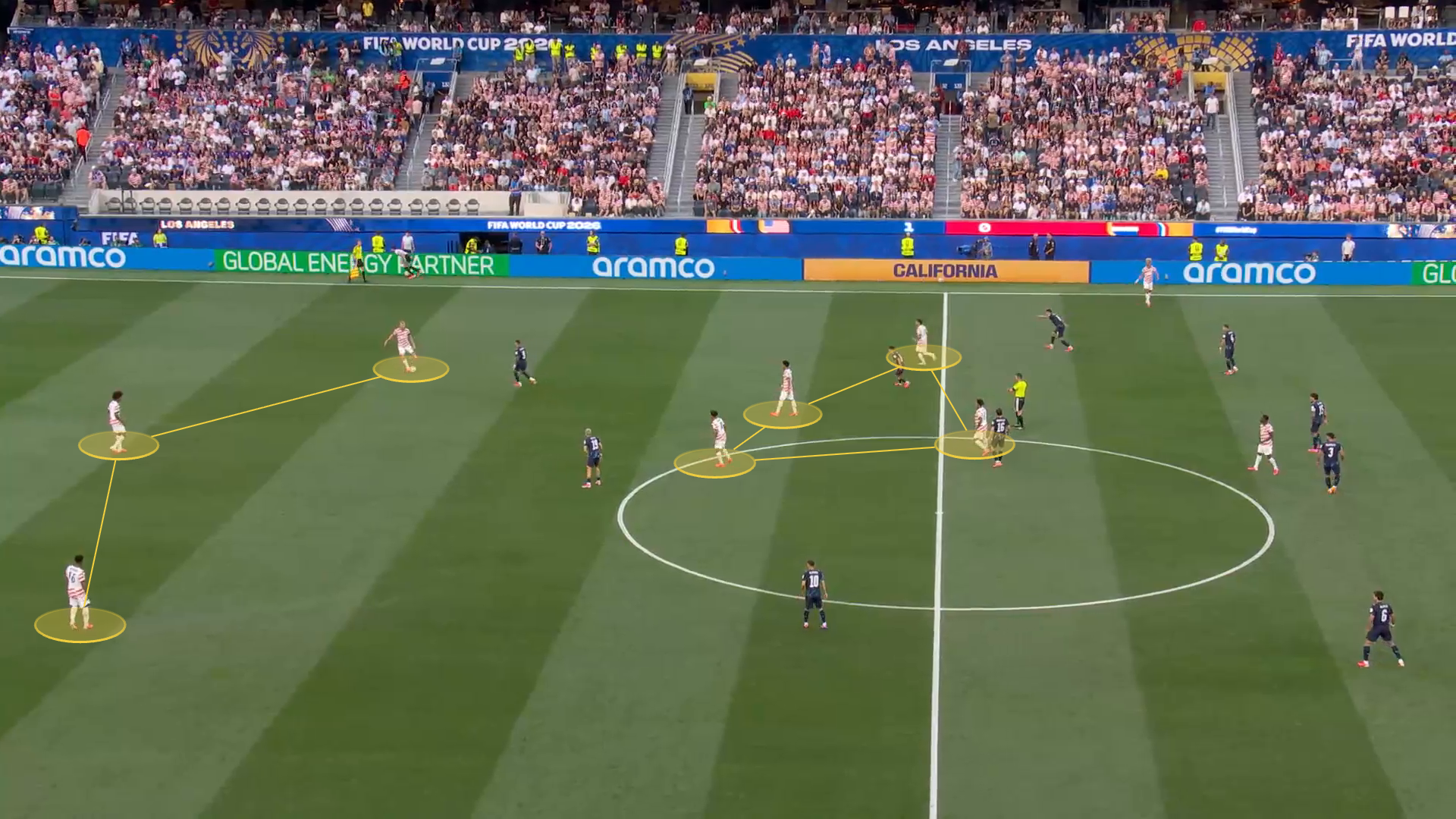 Screengrab from USA vs Paraguay with tactical annotations showing their 3-diamond-3 shape in this example.