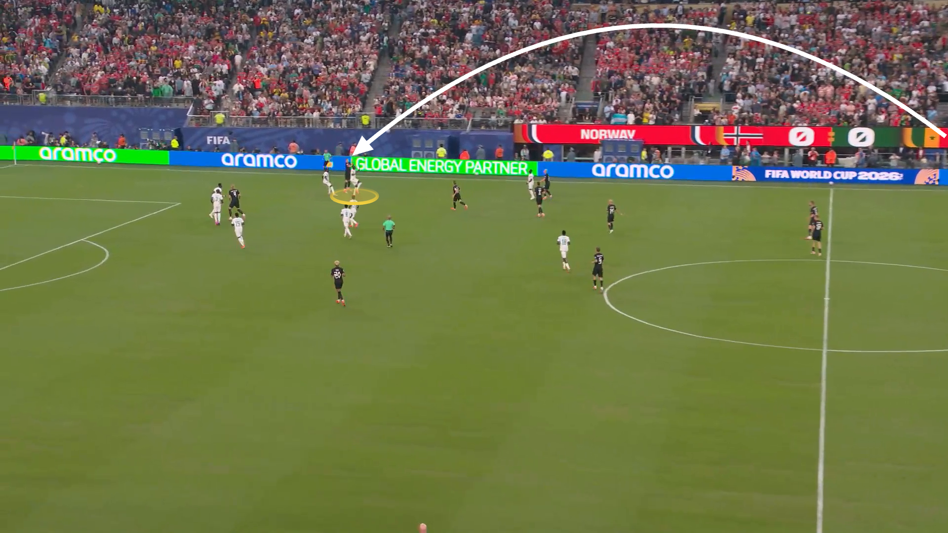 A screen grab of Norway playing the ball long to Sorloth against Senegal