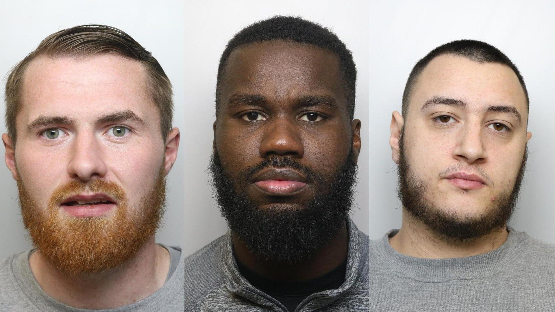 McCorrie has a thick, ginger beard and short hair combed to the side. His mouth is slightly open and he has green eyes. Fogarty has a thick black beard and short curly hair. Dalby has a shaven head and beard along his jaw and upper lip.