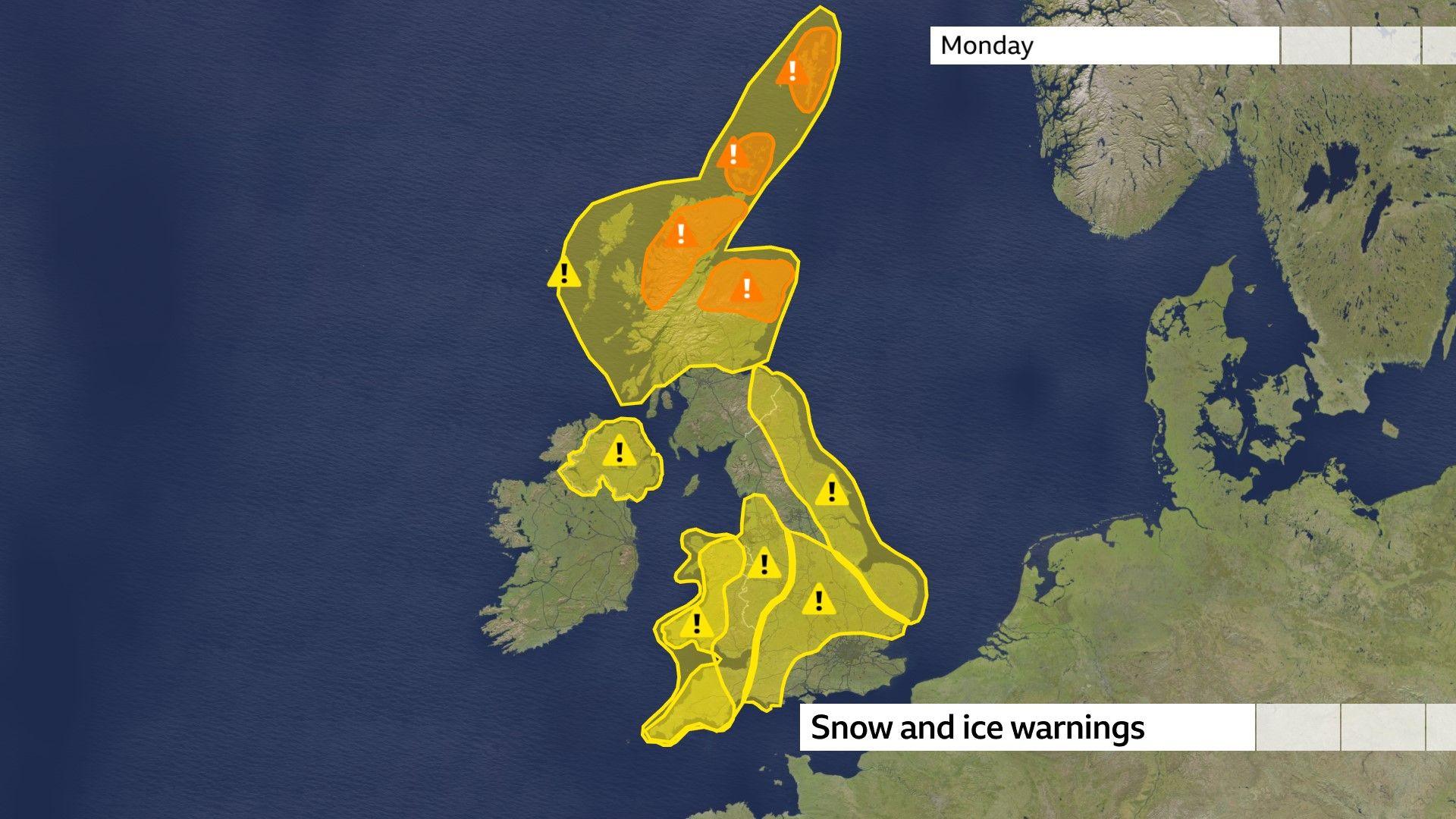 Map of the UK showing most parts covered by at least a yellow warning, with the exception of parts of south-west Scotland, north-west England and south-east England. Amber warnings are marked in parts of northern Scotland, Orkney and Shetland.