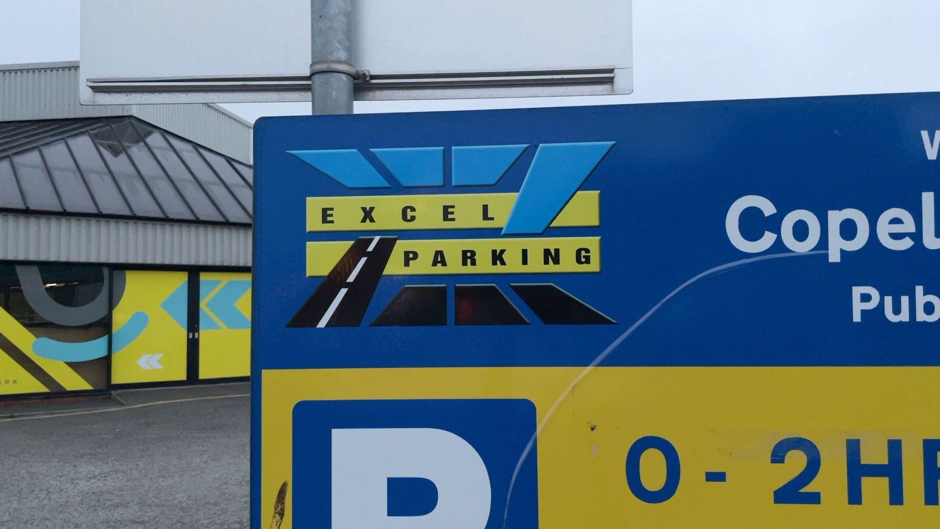 Logo for Excel Parking on a sign at the Copeland Street car park in Derby