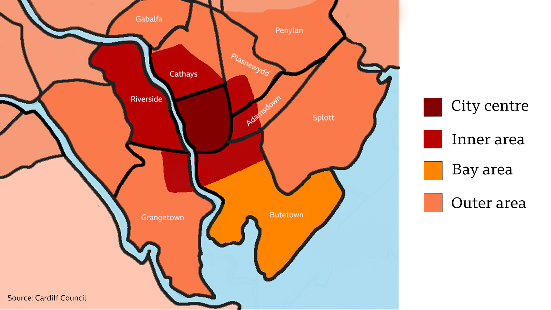 A map showing the boundary of the three new parking zones in Cardiff.