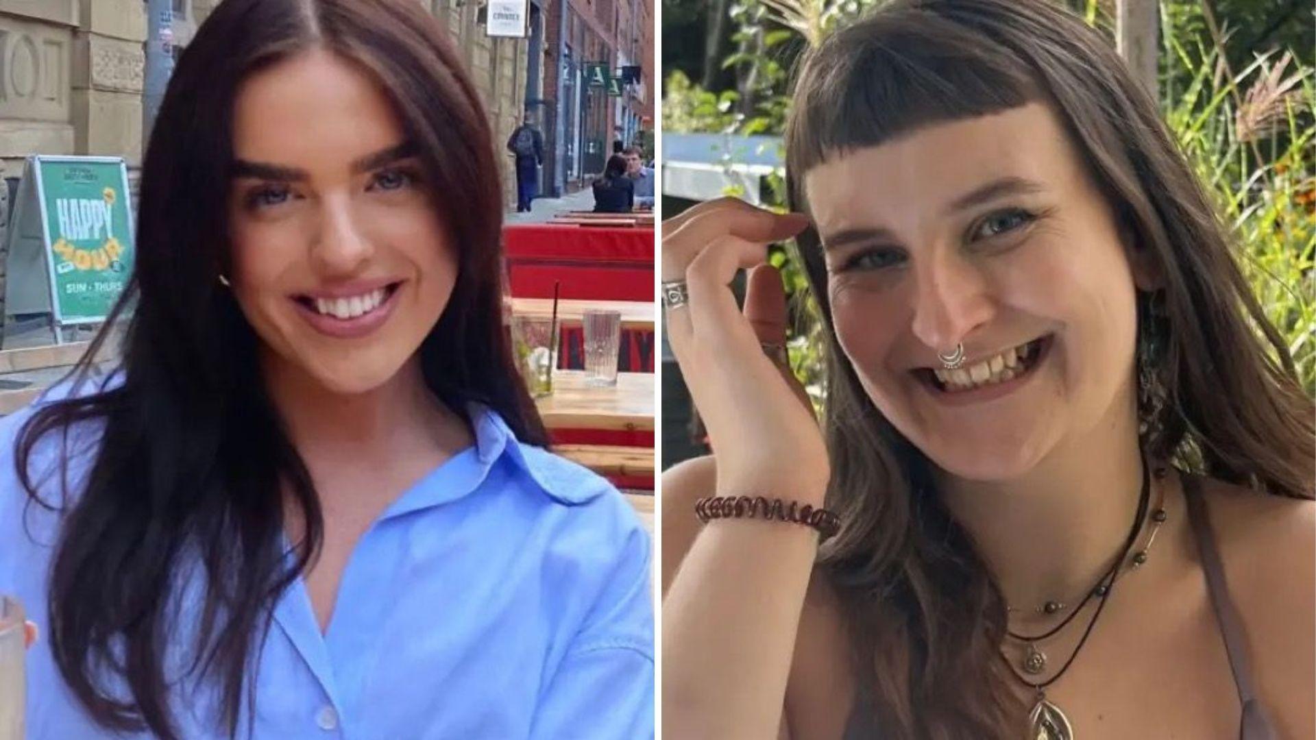 A composite of two women side by side. Morgane, on the left, is wearing a light blue shirt and has long very dark brown hair. She is smiling and appears to be sitting outside in a bar. Phoebe, on the right, has long brown hair with a short, straight fringe. She has a few necklaces on and has a septum piercing. Both women are smiling at the camera.