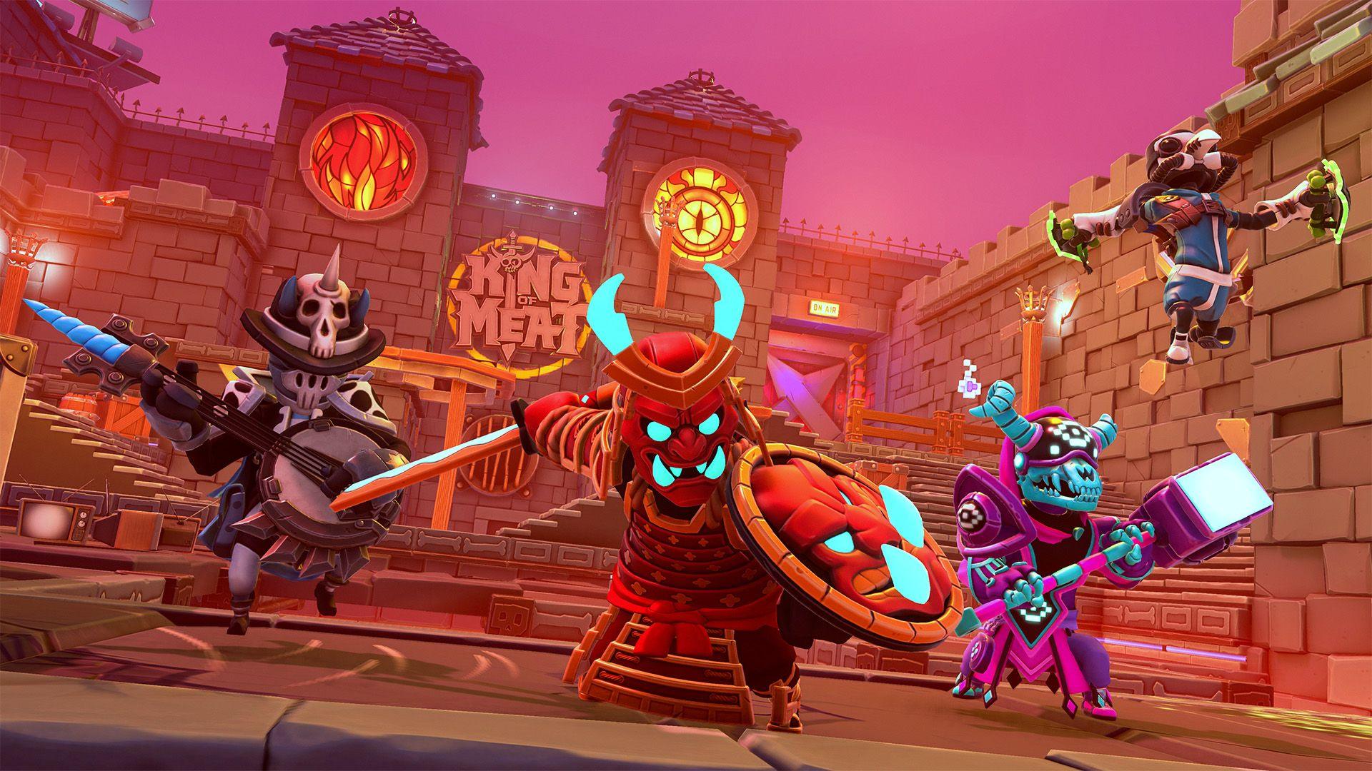 A series of computer generated characters, including red and purple warriors in armour, stand in front of a fortress