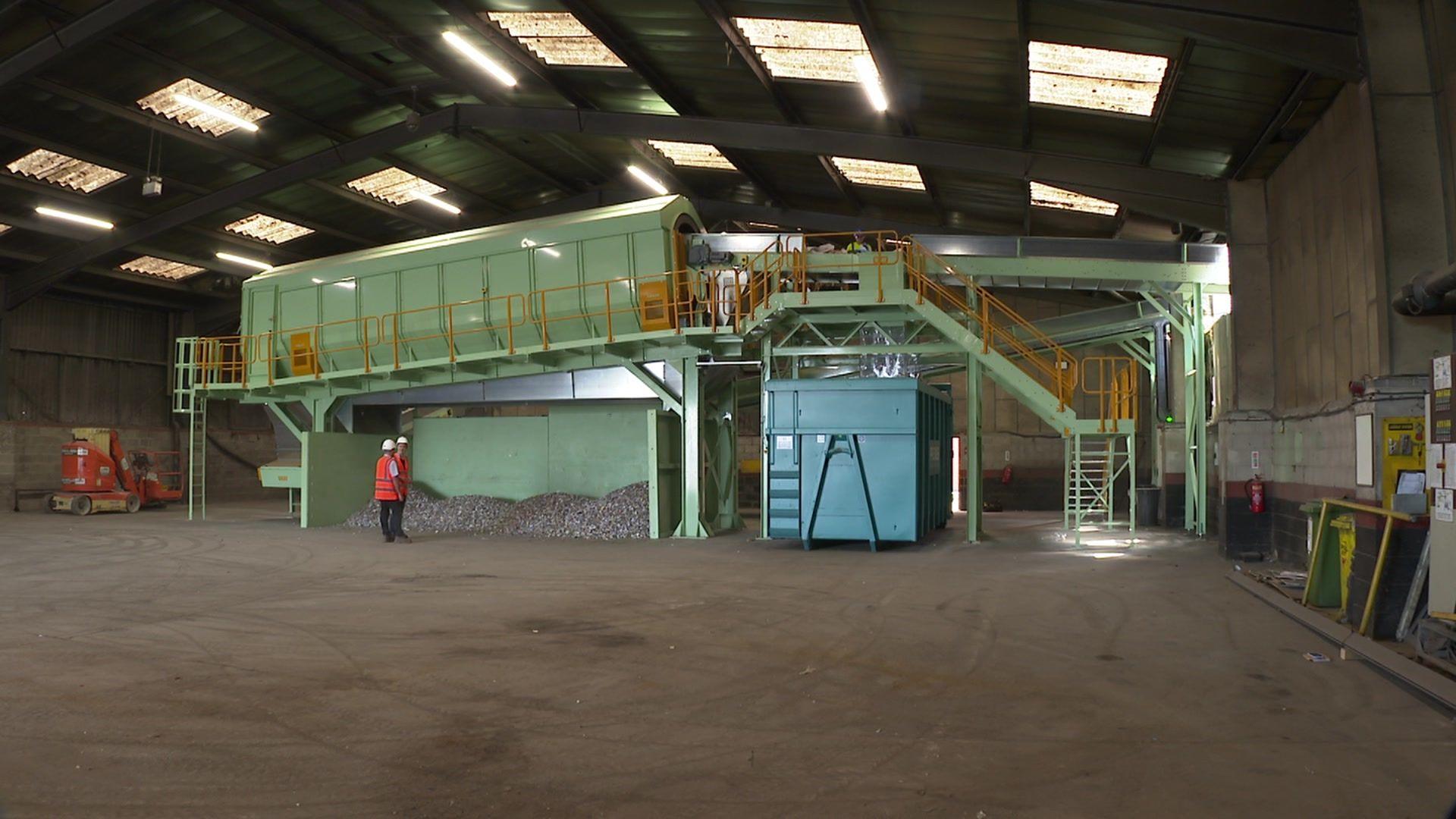 The new trommel in Leeds - a very large green machine that separates glass from other materials