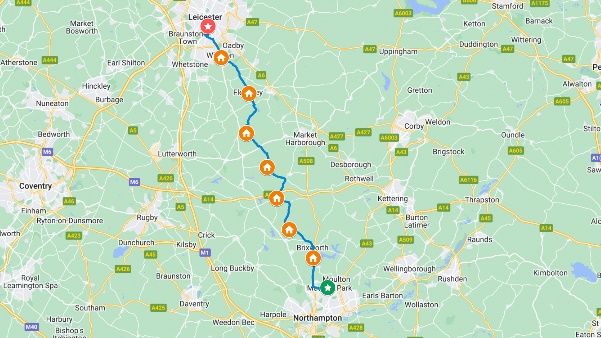 Google map showing the area between Northampton and Leicester that Kevin Sinfield will run on Friday.