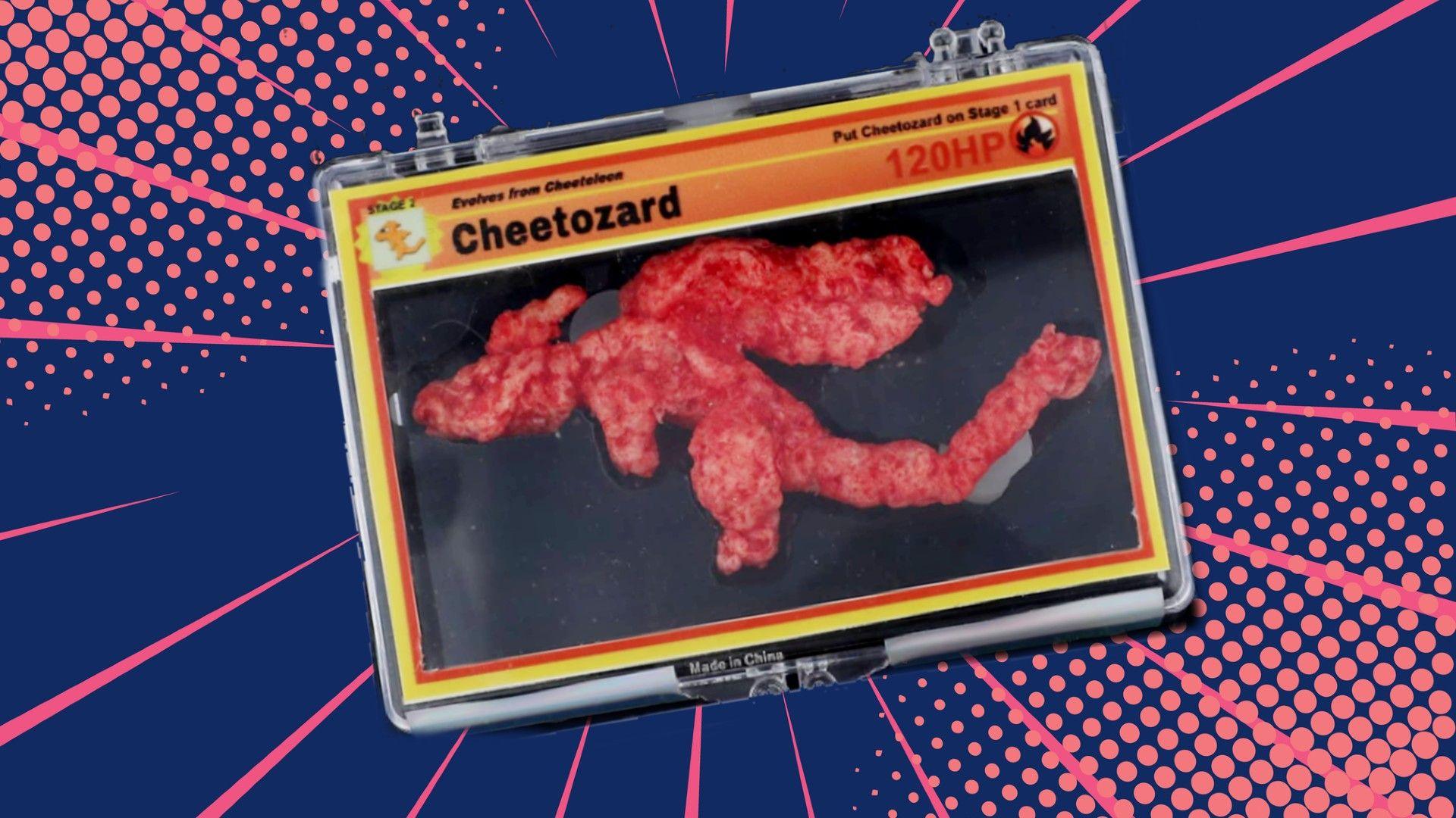 A Flamin' Hot Cheeto in the shape of Pokémon Charizard on pop art background. 