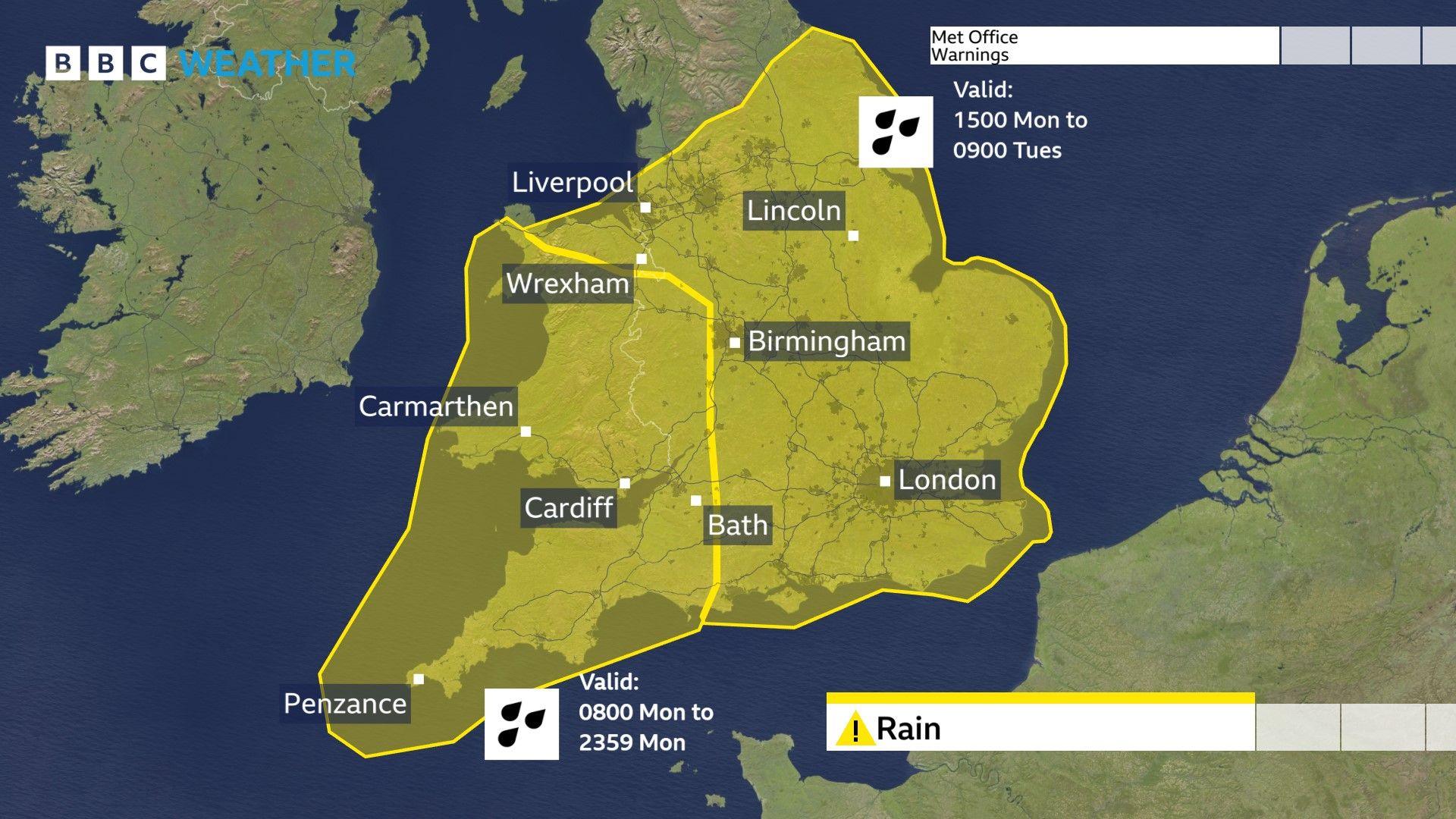 Map of yellow warnings for rain: the first for much of Wales and south-west England, 8am to midnight Monday, the second for most of the rest of England, 3pm Monday to 9am Tuesday