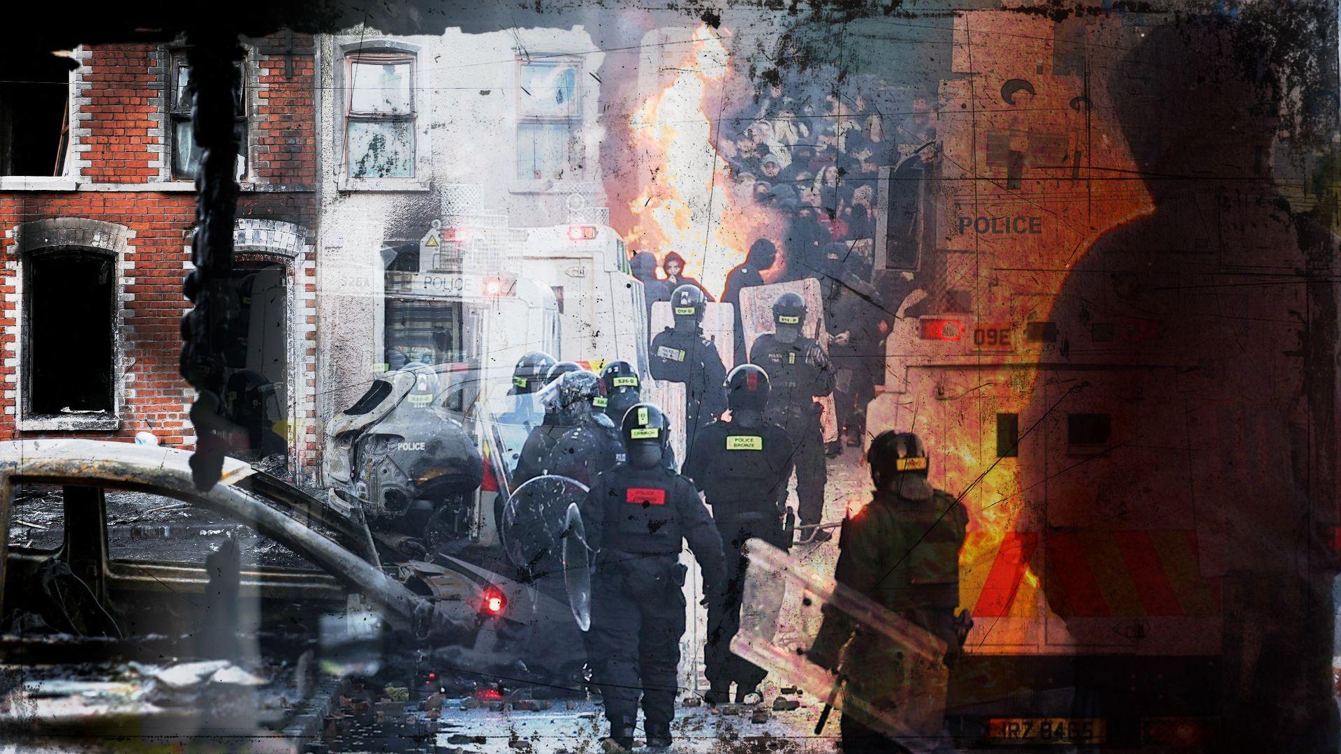 A BBC graphic showing composite images of incidents during the riots. Crowds throw things at police blocking them from a road in the middle of the picture. In the foreground is an armoured police vehicle and a burned out car as well as officers in tactical uniforms. In the distance is a large group of people, mostly dressed in dark colours and a fire is visible. To the left of the picture is a house with red bricks and scorch marks on the front.