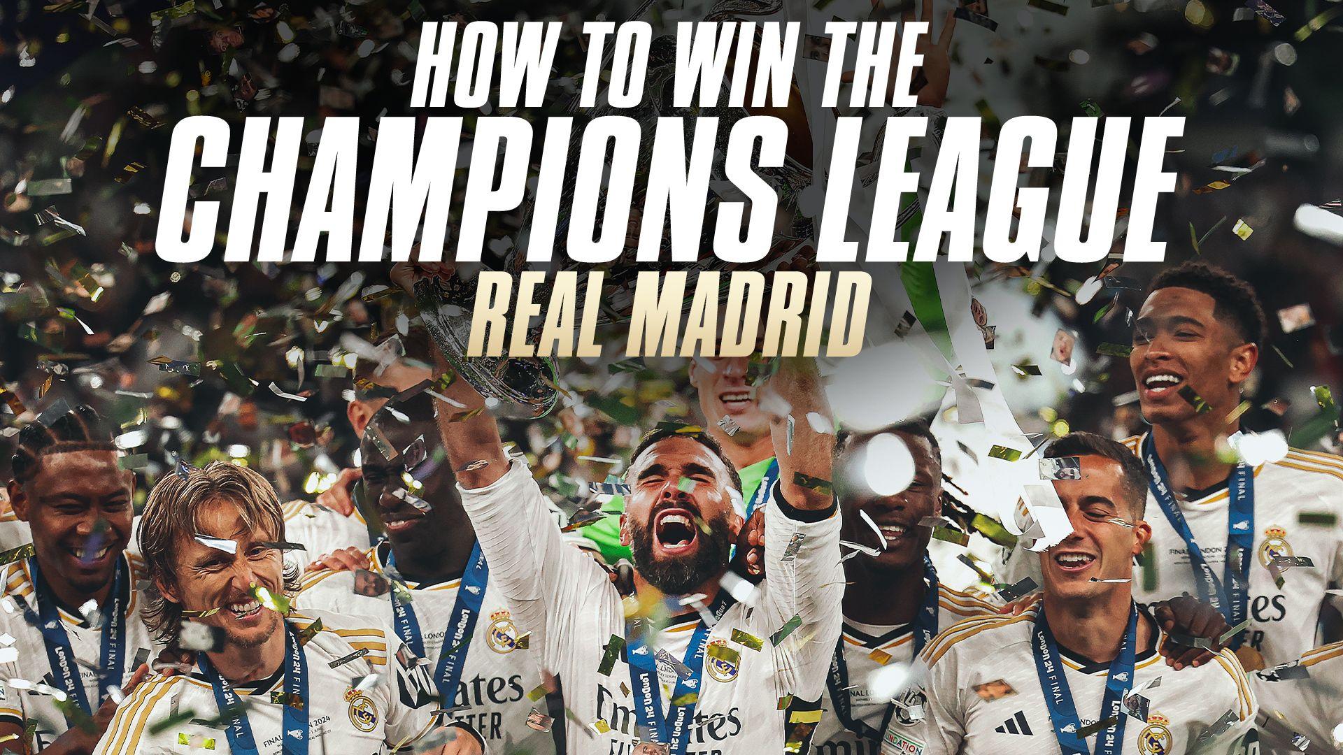  Real Madrid. Players from Real Madrid hold the Champions League trophy aloft.