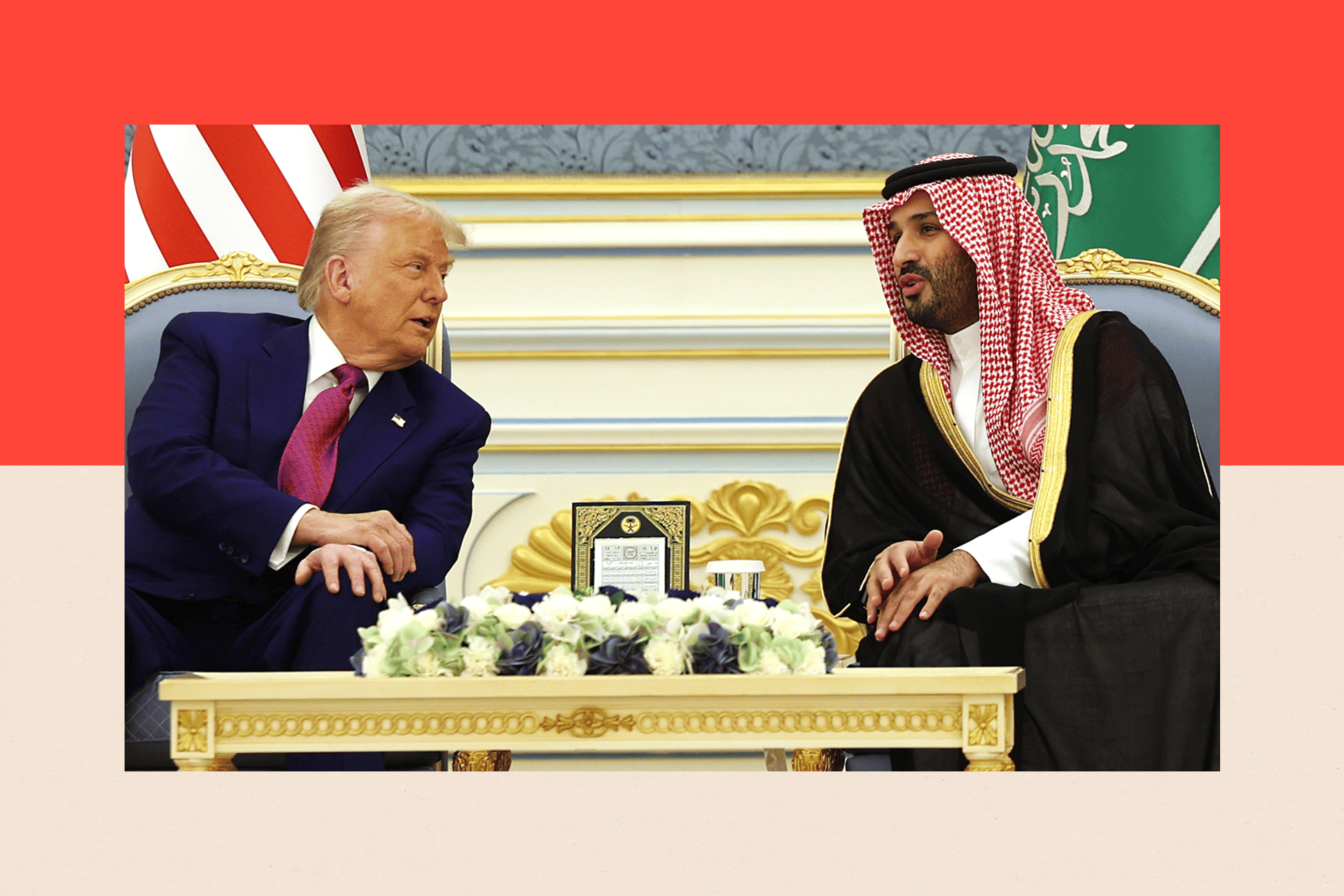 Donald Trump meets with Saudi Crown Prince Mohammed bin Salman during a “coffee ceremony” at the Saudi Royal Court on 13 May 2025
