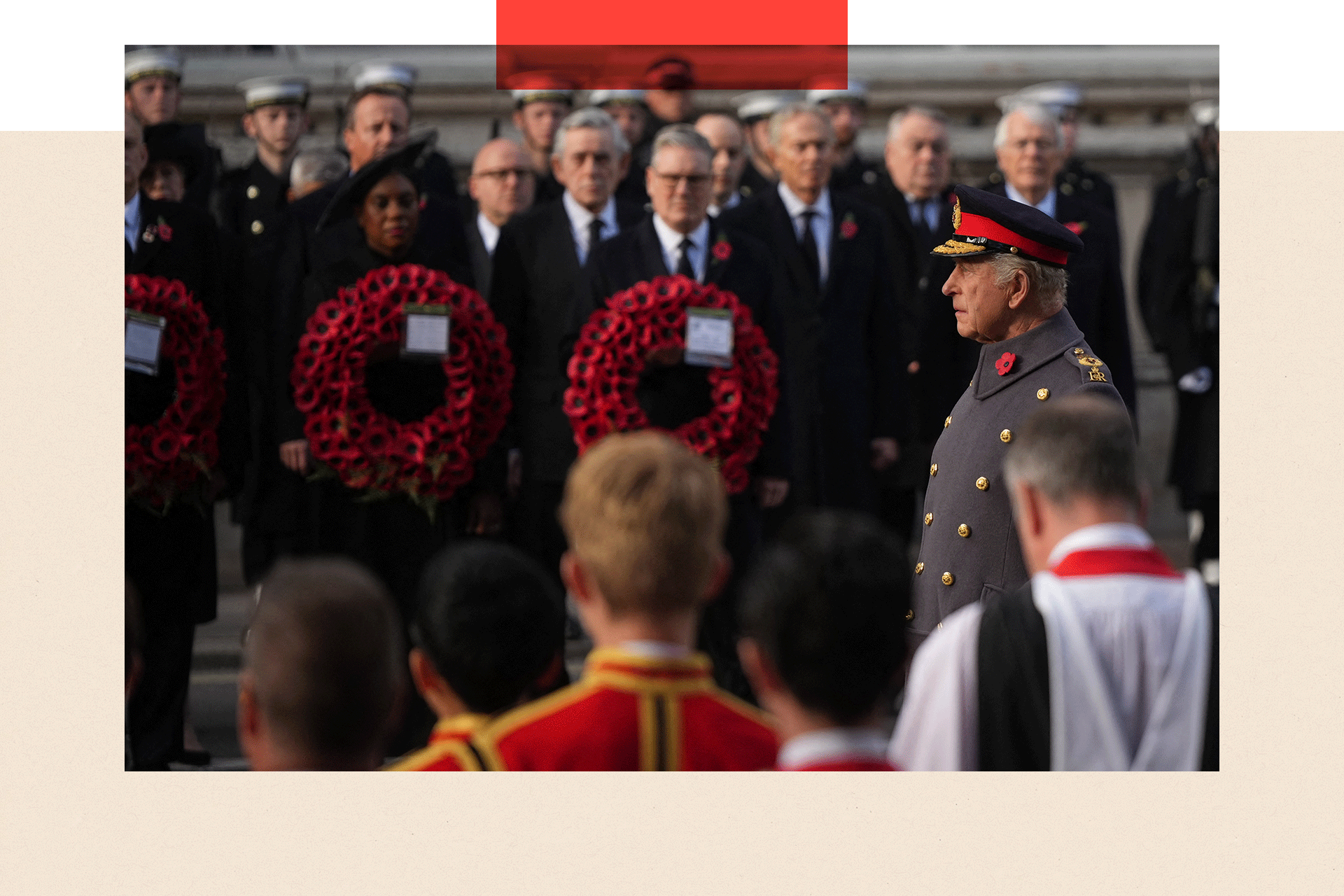 Britain's King Charles III attends the Remembrance Sunday ceremony at the Cenotaph on Whitehall in central London

