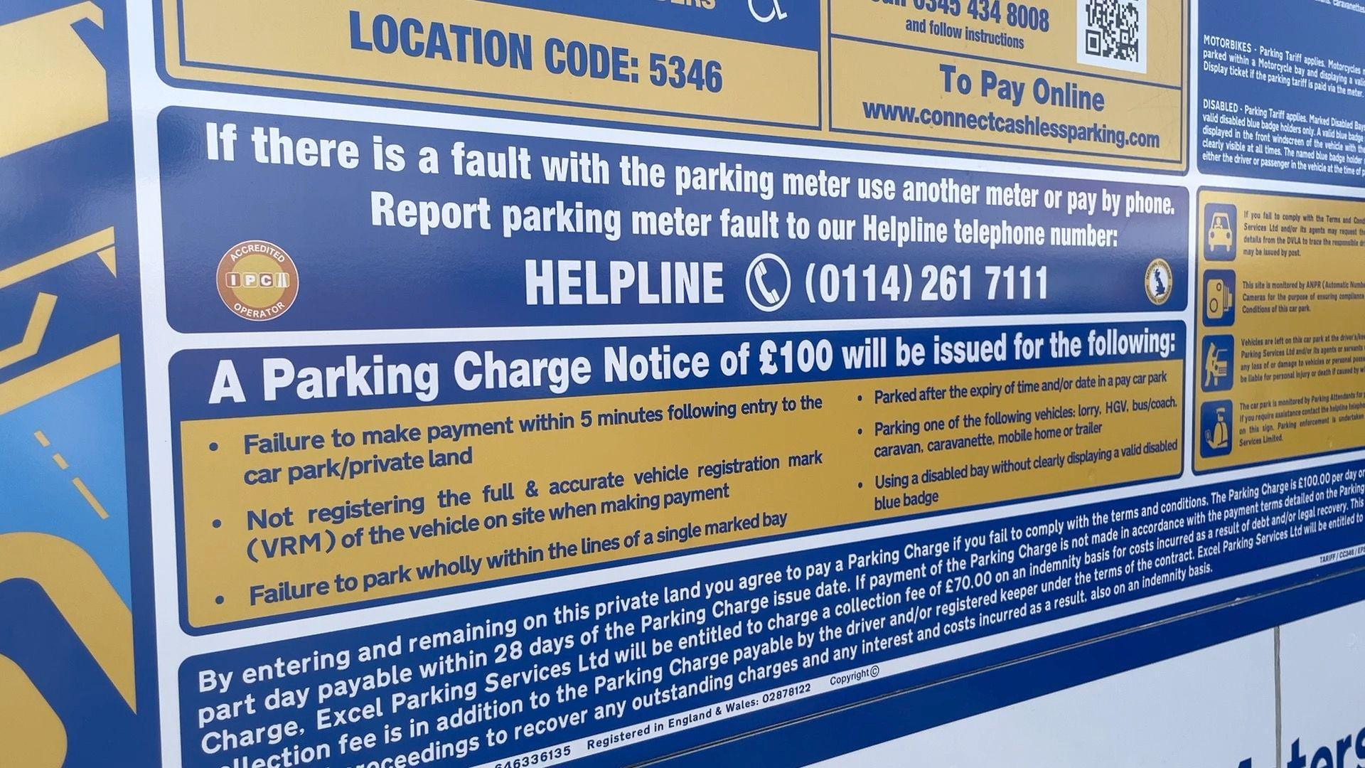 Image of a sign at the car park, warning people about the £100 Parking Charge Notice