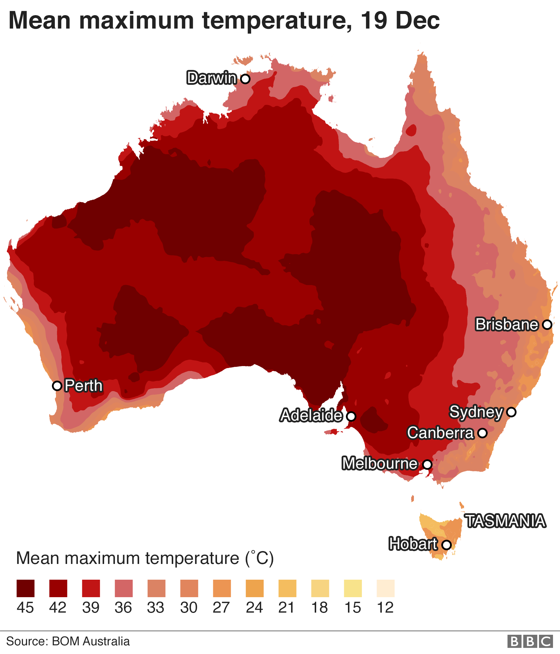 Map: Mean maximum temperatures for 19 December.