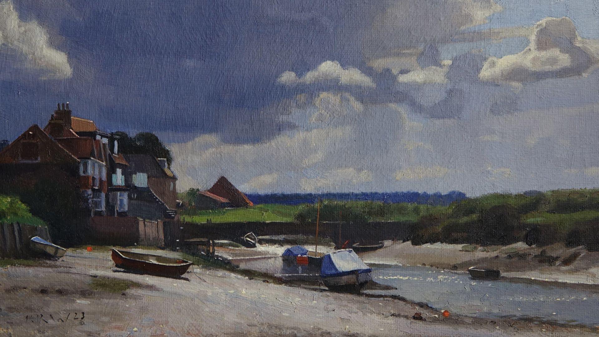 A painting by Kieron Williamson, showing boats moored on a quayside with houses in the background. There is a brooding dark sky above.