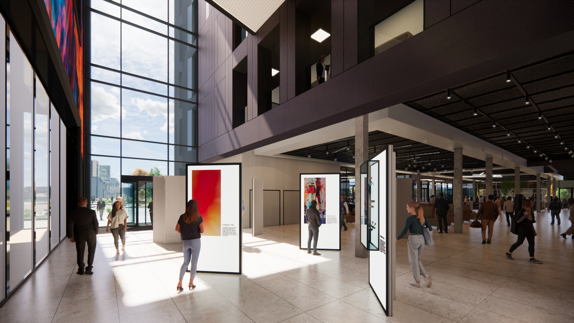 An artist's impression o the ground floor exhibition space of a new digital-first theatre in Cardiff Bay.