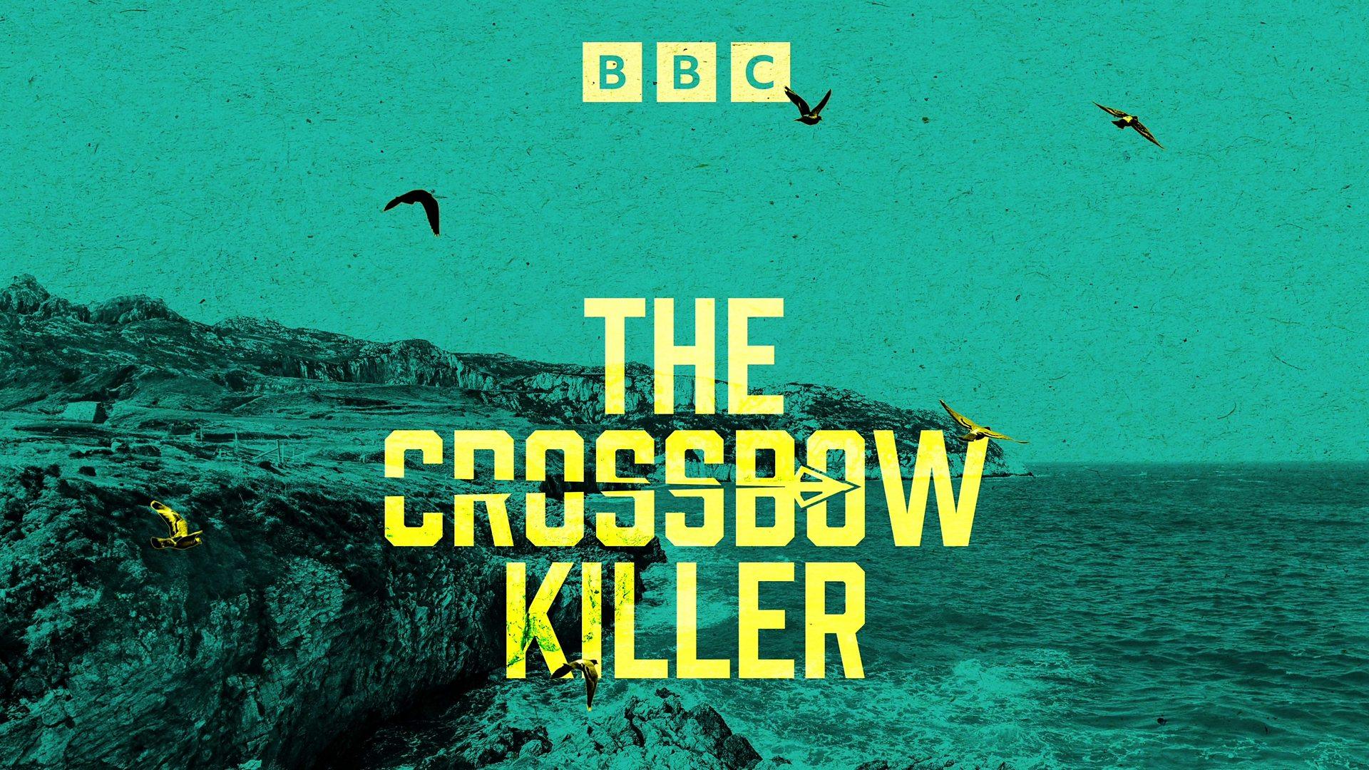 Clogwyn a môr gyda thestun melyn yn darllen The Crossbow Killer