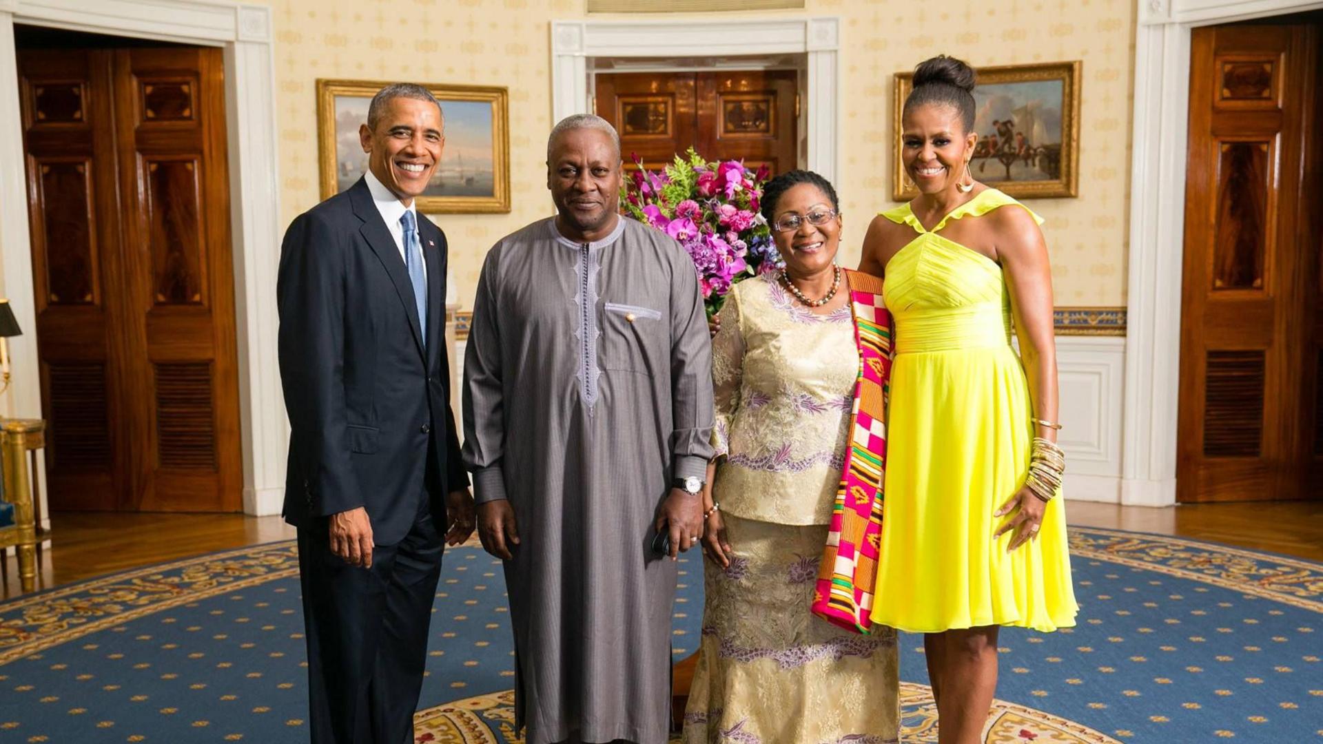 Former US President Barack Obama with former first lady Michelle Obama, former Ghanaian President John Mahama and Mr Mahama's wife, Lordina, in 2014.