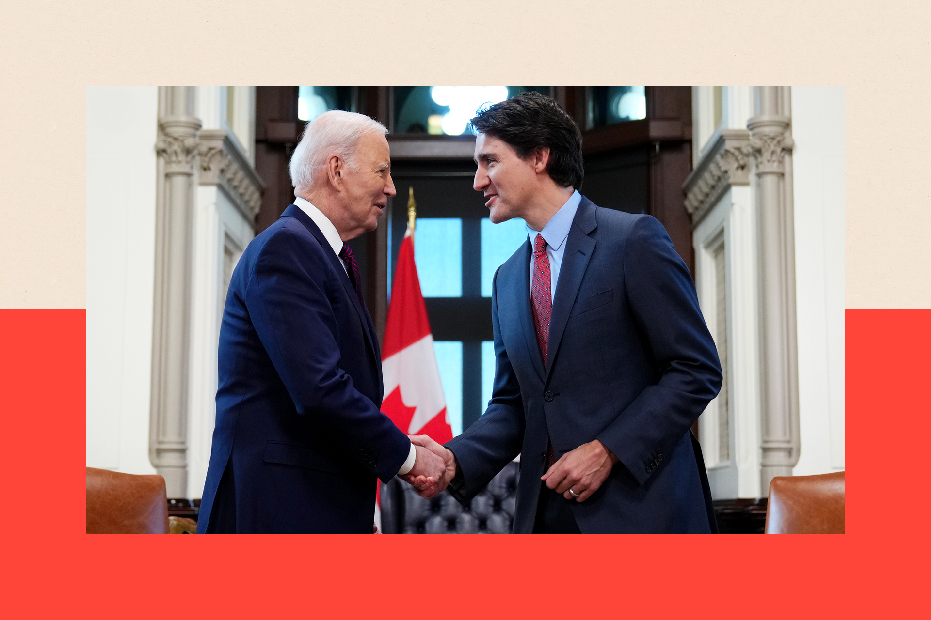 Justin Trudeau shakes hands with Joe Biden