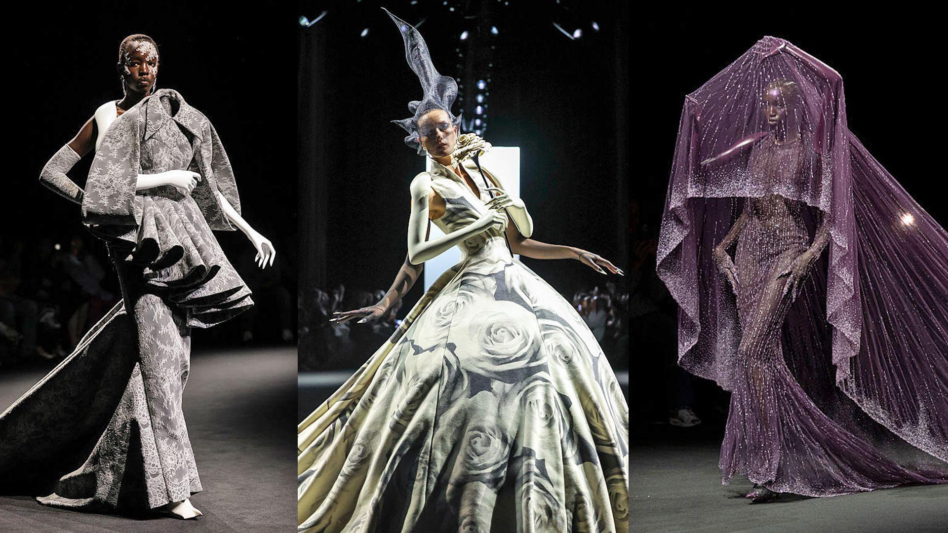 three models wearing fancy outfits with extra arms