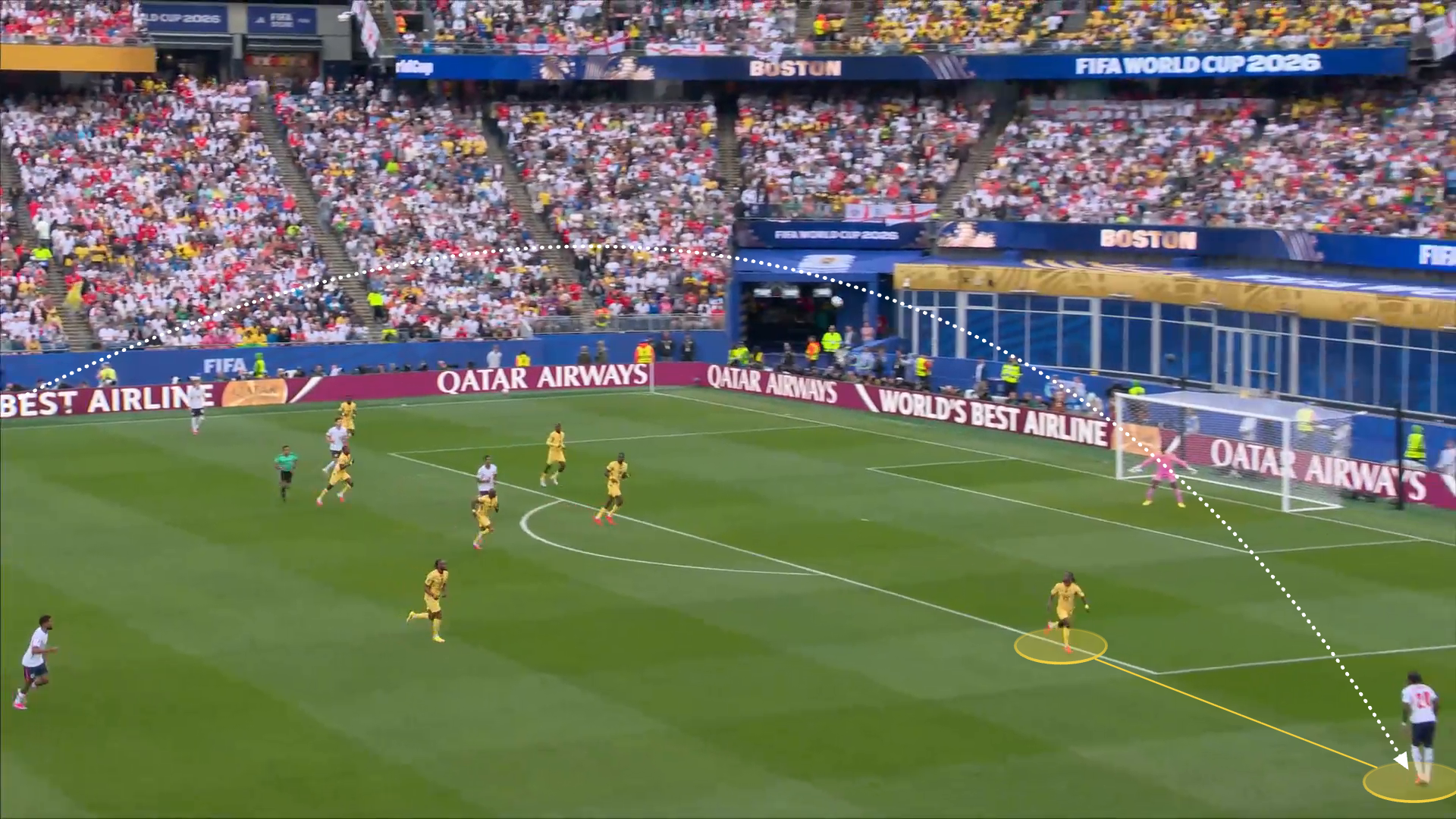 Screengrab from England v Ghana showing a long switch of play to Noni Madueke