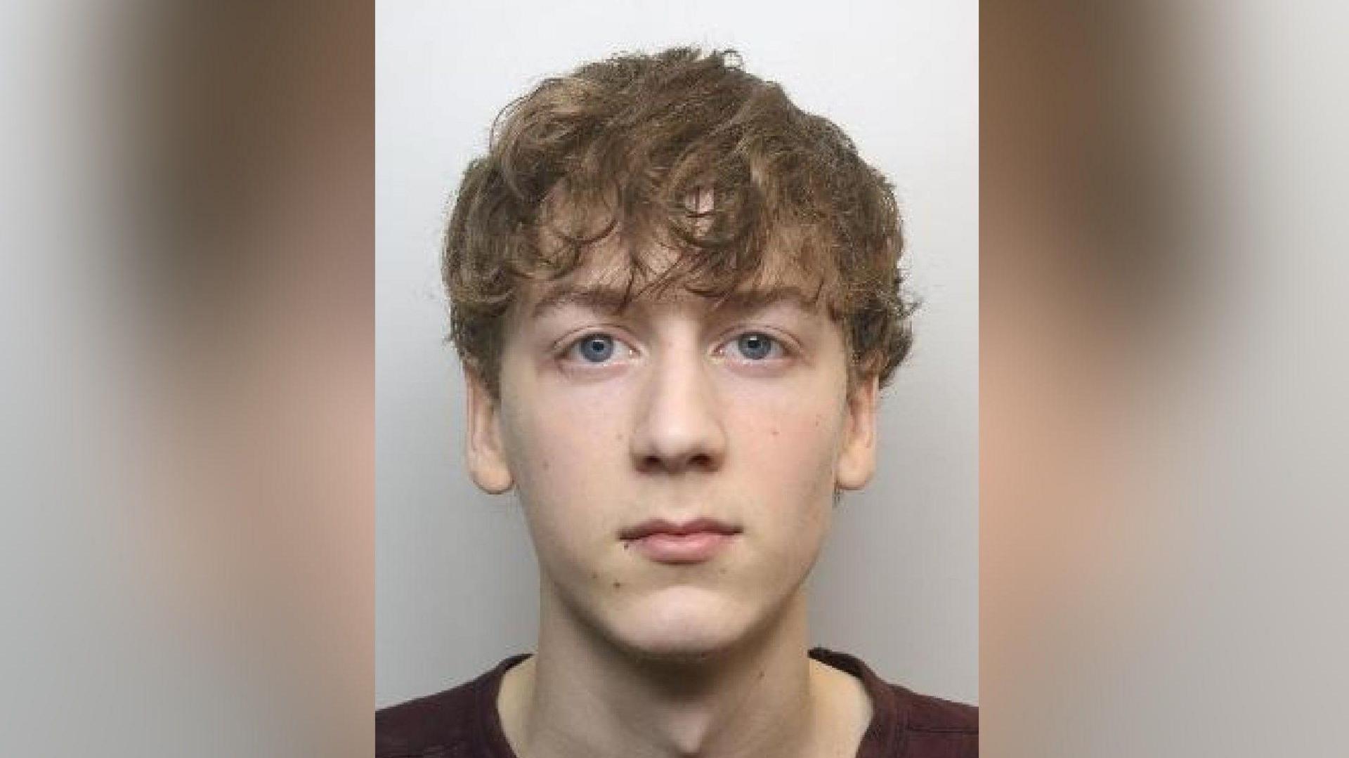 A mugshot of Arnold, who has brown hair and a curly fringe. He is wearing a brown t-shirt, has blue eyes and a fair complexion.