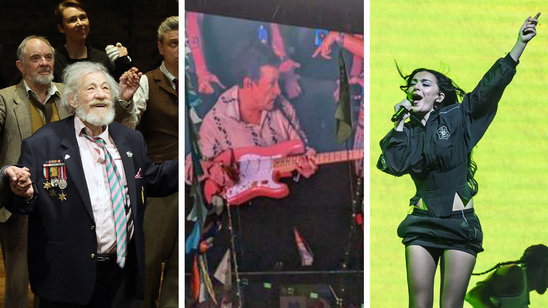 A composite image showing Sir Ian McKellen at a curtain call, Michael J Fox holding a guitar and Charli XCX performing on stage.