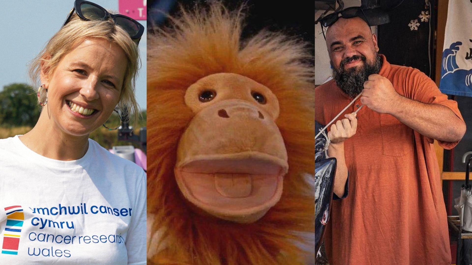 Mari Grug, Gareth yr Orangutan a Chris 'Flamebaster' Roberts