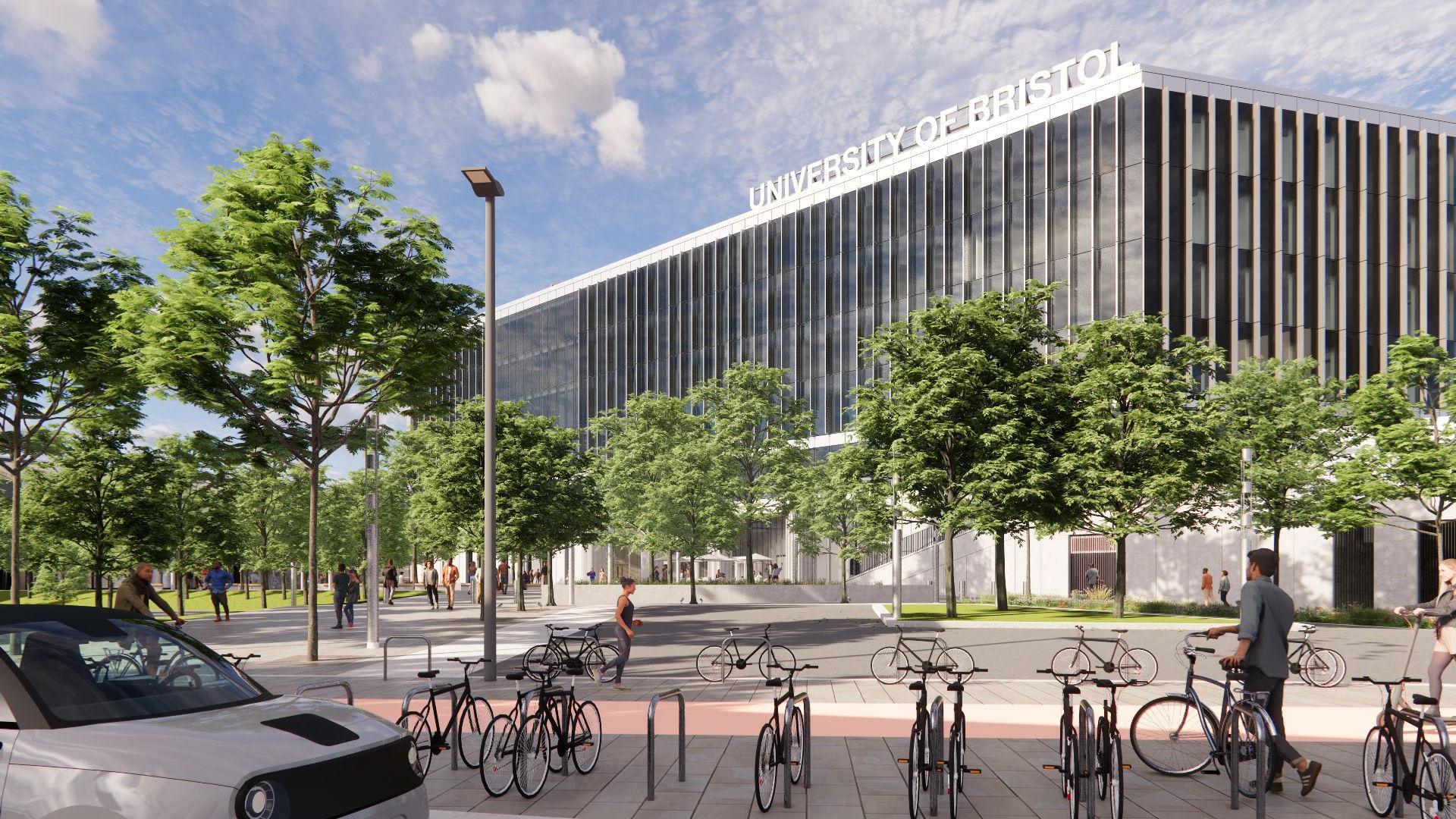 A computer generated image of what the building will look like once complete. It is a large rectangular building covered top to bottom with windows. There is large sign on it's roof that says University of Bristol. On the ground there are lots of bikes parked against bike stands and people wheeling their bikes past. 