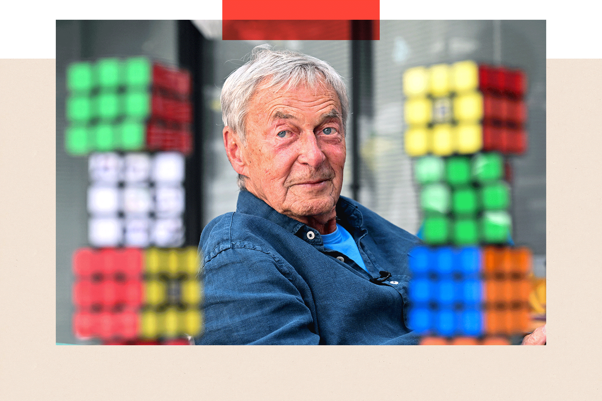 Ernő Rubik pictured with some cubes