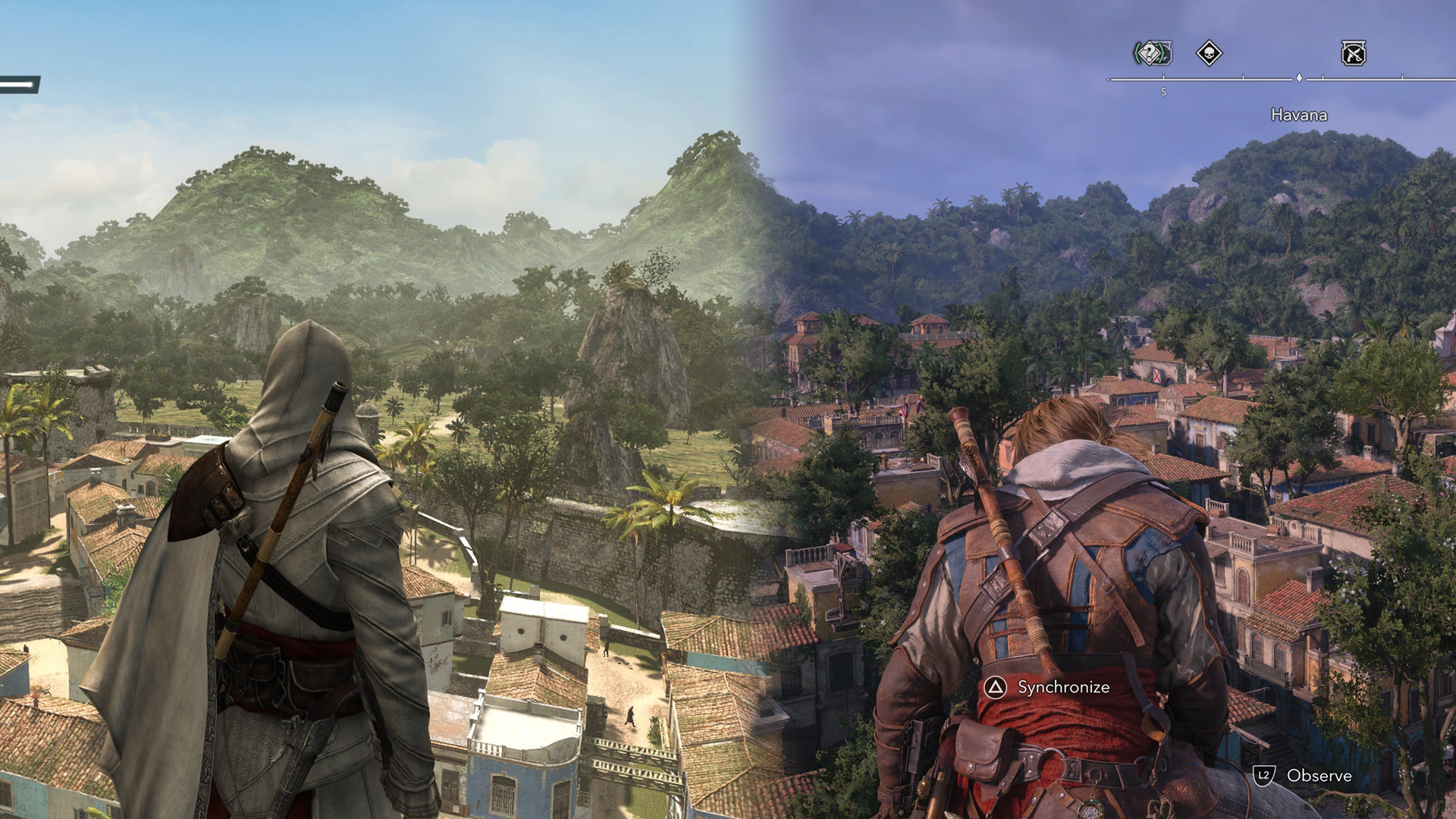 Two screenshots side-by-side. Both show an aerial view of the city of Havana as seen in the video games. On the left, 2010s-era graphics where everything is a bit blocky and there isn't much detail. On the right, modern graphics show lots of detail from the houses to the trees.