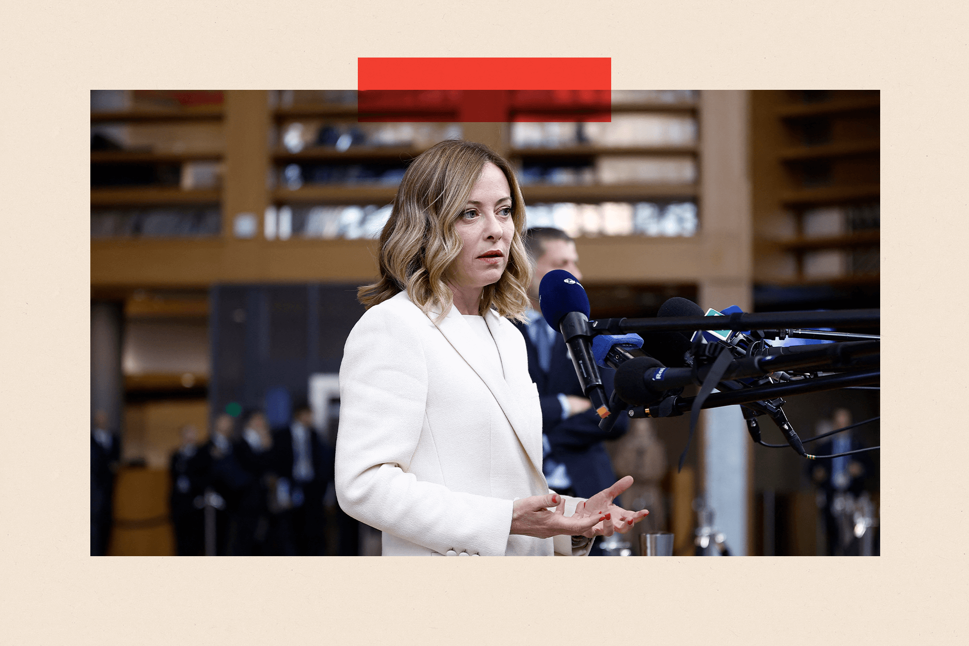 Italian Prime Minister Giorgia Meloni addresses reporters