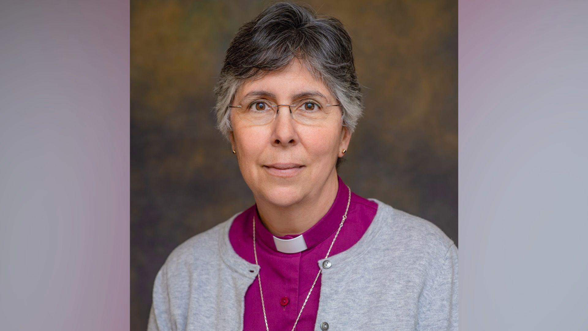 The Bishop of Chelmsford, the Right Reverend Dr Guli Francis-Deqhani, with greying hair, a grey cardigan, a purple shirt and white dog collar. She is wearing glasses and is looking at the camera lens