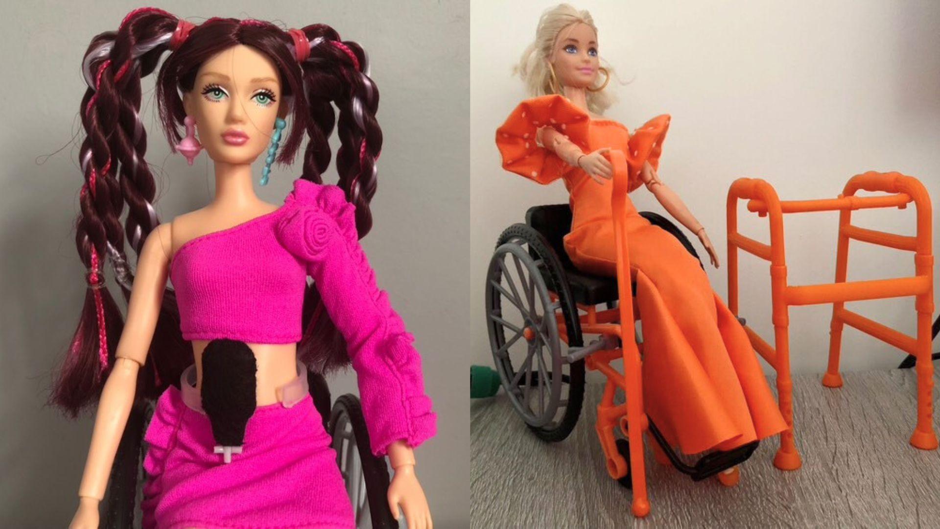 Two photos side by side. On the left is a brown haired doll with two pig tails with lots of twisted braids coming out of them. She has a top with one pink sleeve and a matching pink skirt. She has a tiny black ostomy bag attacked to her stomach. On the right is a blonde barbie in an orange dress, sitting in a wheelchair. The frame is orange, as is the walking stick in her hand, and the frame next to her.