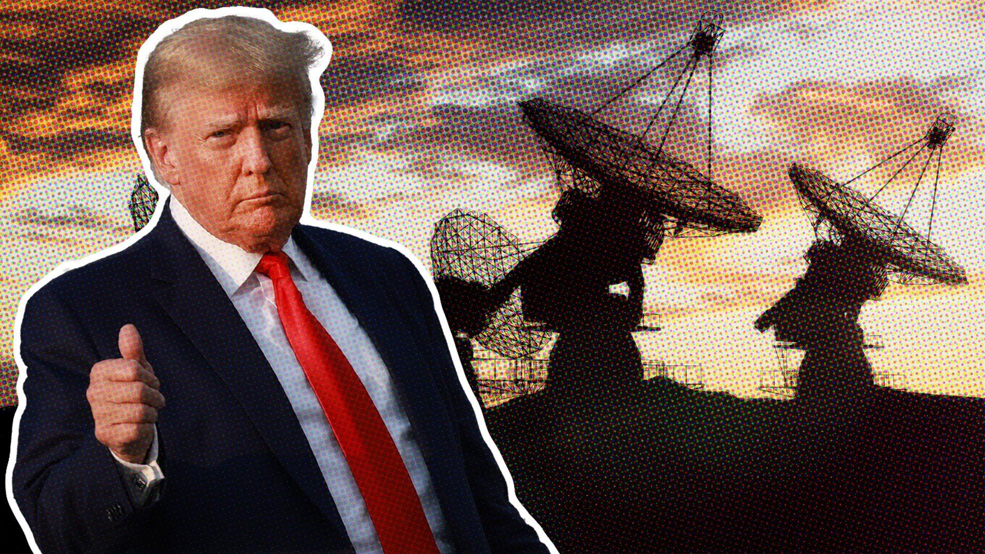 Donald Trump giving a thumbs up, super imposed against a background of a generic space radar