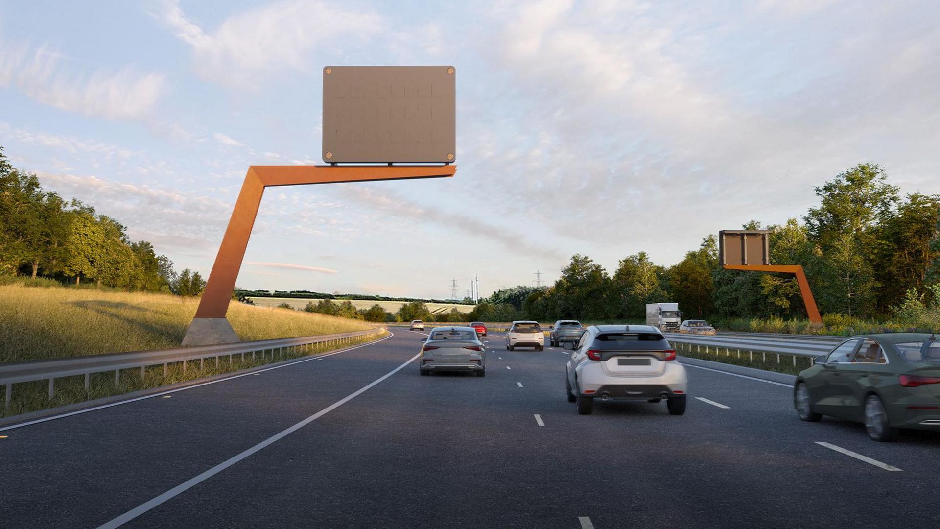 A CGI image of part of the new Lower Thames Crossing between Essex and Kent. Cars be be seen driving along a three-lane road with road signage above. 
