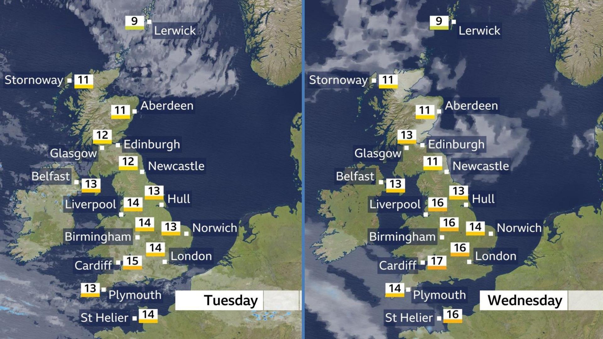 Two weather maps showing the UK forecast for Tuesday and Wednesday