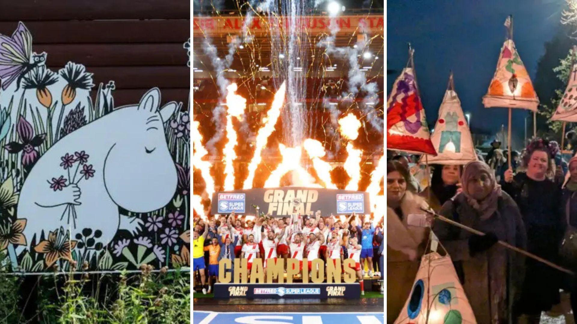 A collage of three panels. The left panel shows a colourful illustration of a Moomin character holding flowers. The centre panel shows fireworks over the Hull KR team celebrating their victory. The right panel depicts a nighttime outdoor scene with people carrying illuminated, hand-decorated lanterns in triangular and diamond shapes.