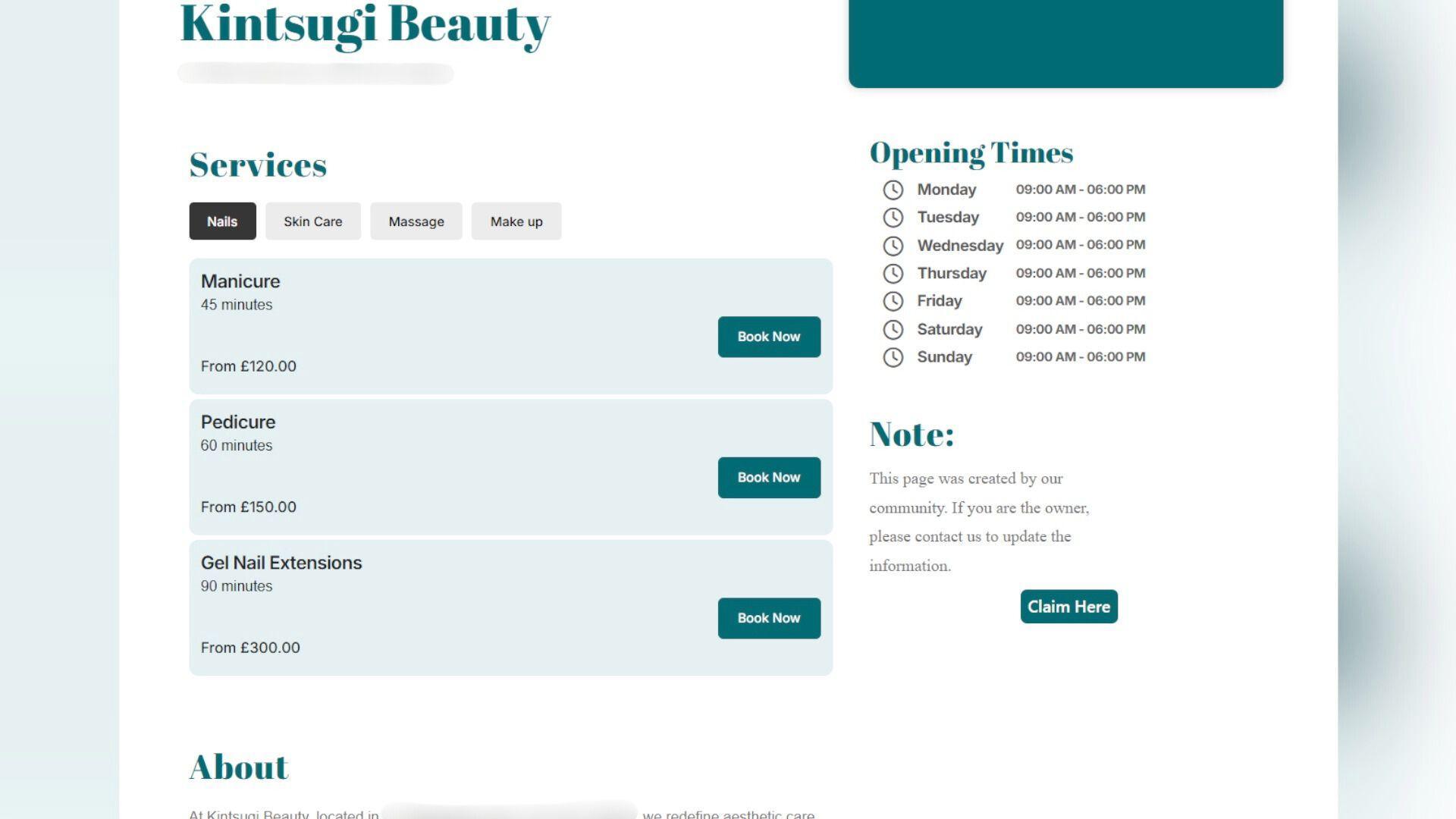 A white web page with blue-green highlights for buttons and headers. There is a title listing the business name, Kinstugi beauty and, headings for services, opening times, about and a note section. 