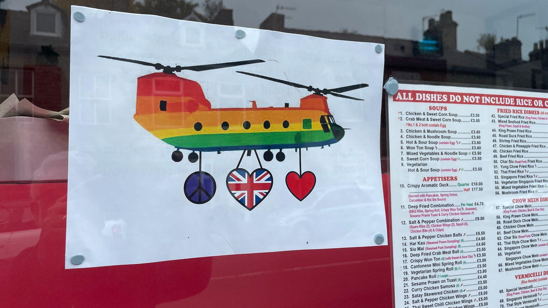 An image of a bright Chinook displayed in a shop window