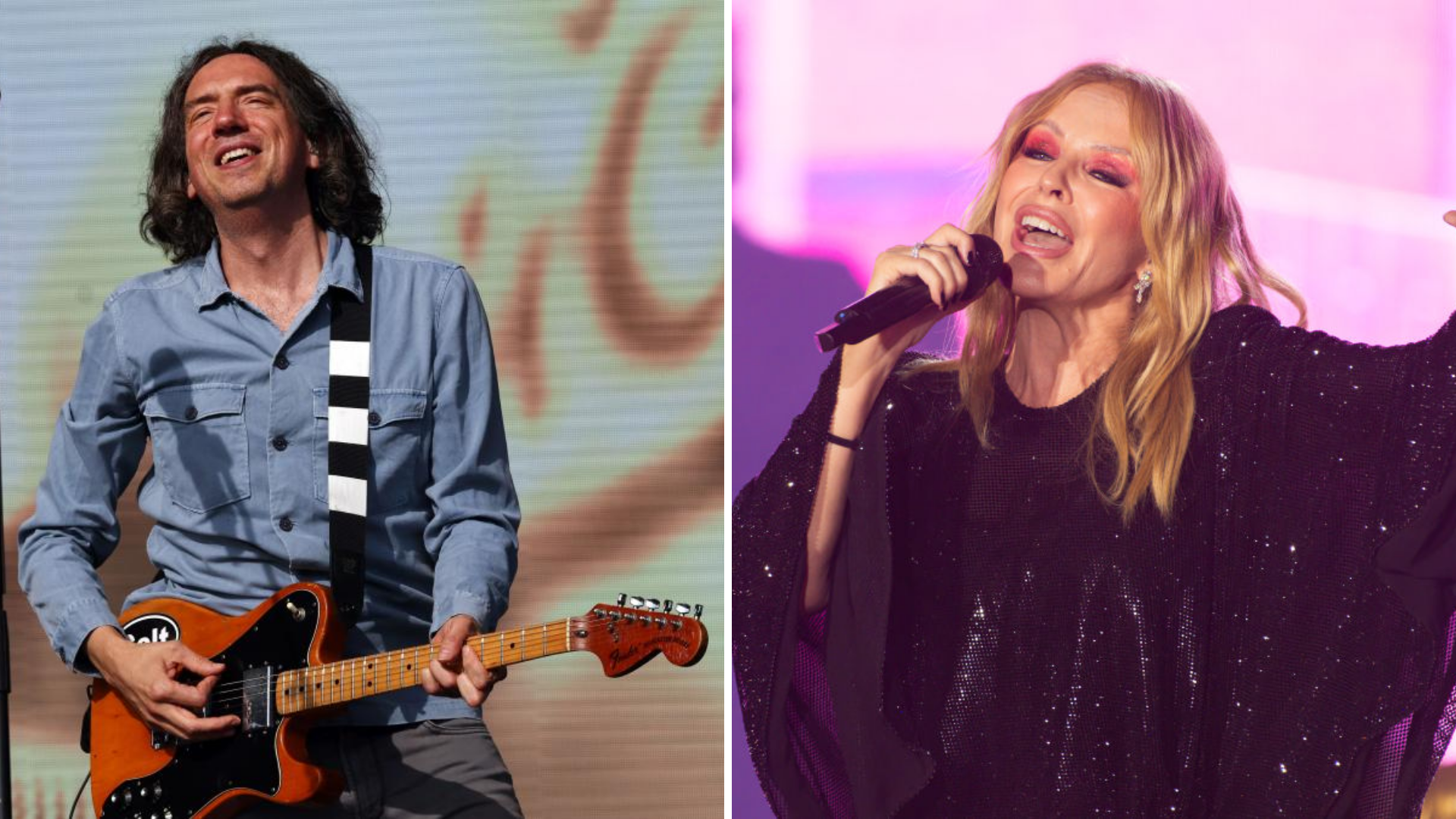 A composite image of Gary Liightbody, left, playing a guitar. He has long brown curly hair and is wearing a denim blue coloured shirt. Kylie Minogue, right, is singing into a microphone. She has blond wavy hair and is wearing a black sequin top.