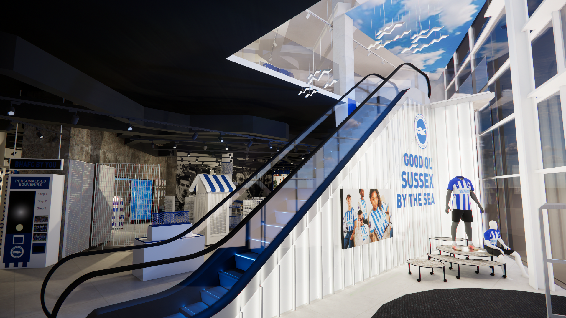 A set of stairs is in the middle of the Brighton and Hove Albion shop, with white walls, blue steps and black bannisters. There is a sign that reads "Good ol' Sussex by the sea" and two blue and white Albion shirts on mannequins. In the background there are signs and boards with Albion archive pictures. 