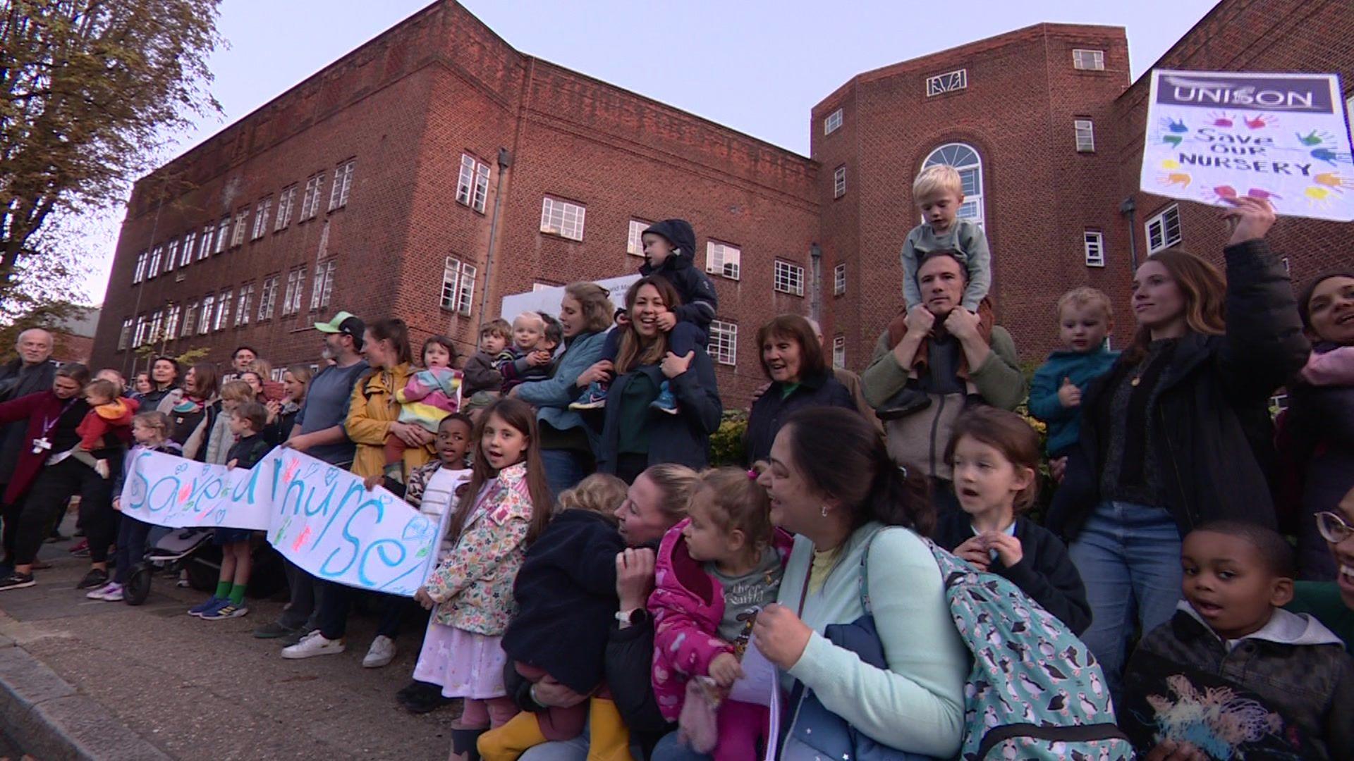 children and parents protest outside the Maudsley Hospital