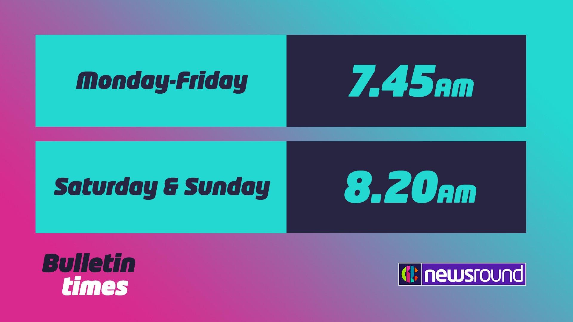 Newsround TV bulletin times on CBBC, showing 7.45am for Monday to Friday and 0.20 am at the weekends