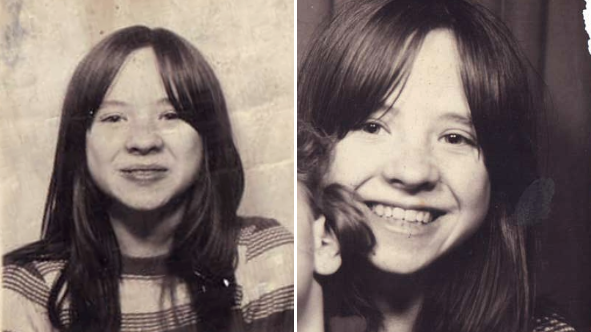 Kathleen as a girl in two black and white images side by side. She is smiling at the camera and has brown hair with a fringe that is parted in the middle. She is wearing a striped top in the image on the left. In the picture on the right, she has a child on her lap but they are out of shot, with just an ear and a bit of hair showing.