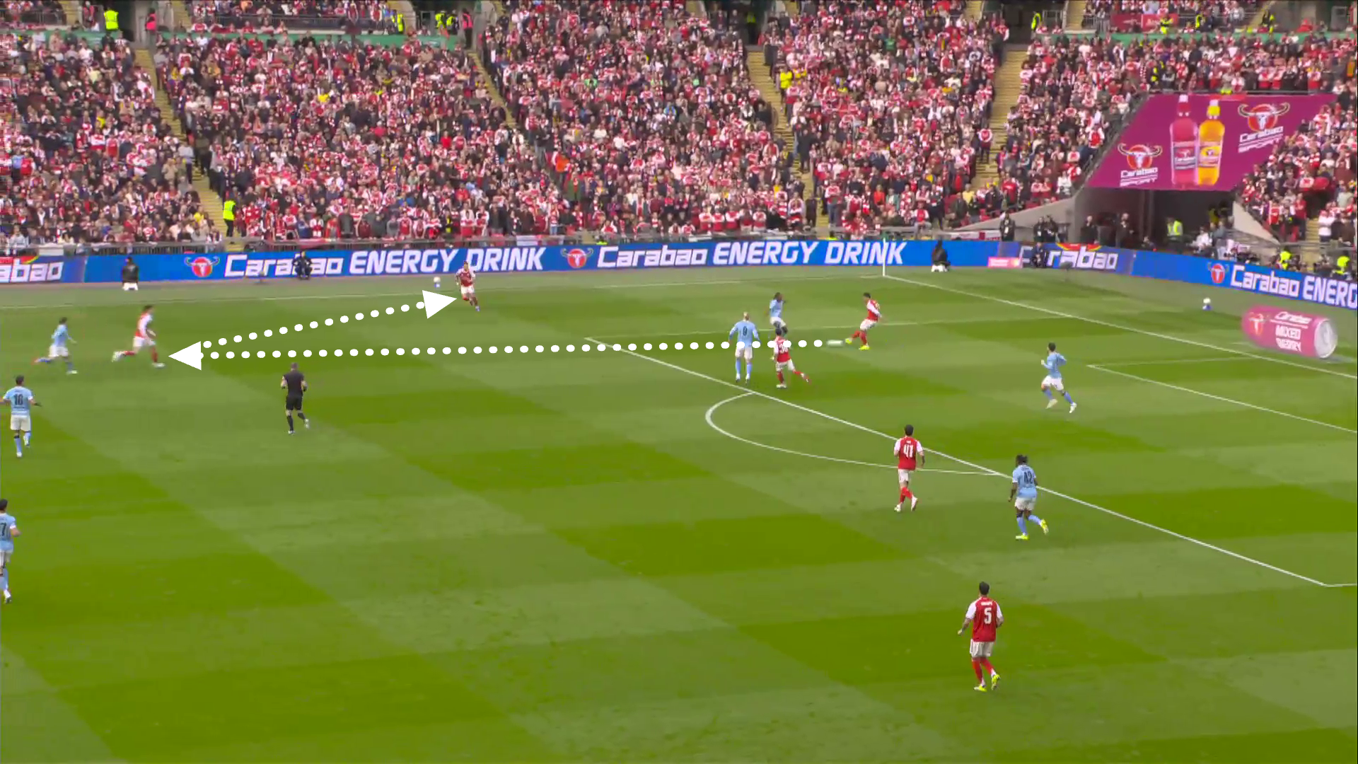 Annotated screengrab showing how Arsenal played out from the back against Man City successfully with central defender Saliba playing the ball to Havertz dropping deep and laying the ball off first time to Arsenal full back Ben White.