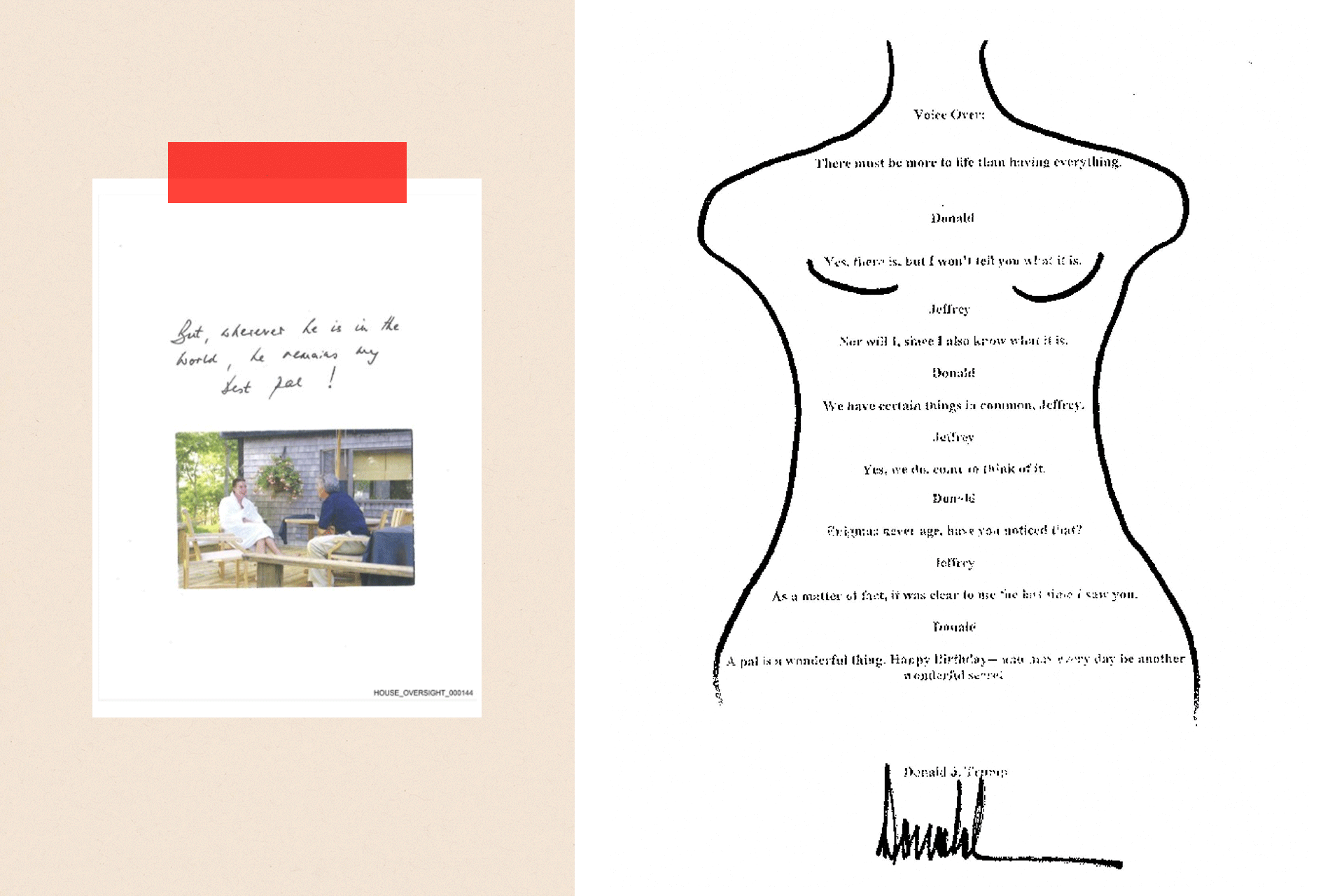 Two images: On the left, an extract from the 50th birthday album compiled in 2003 for Jeffrey Epstein. On the right, A birthday letter that U.S. President Donald Trump allegedly wrote to sex offender Jeffrey Epstein more than 20 years ago